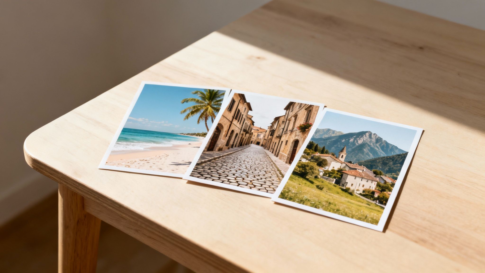 Three travel postcards on a wooden table, depicting a beach, an old town street, and a mountain village.