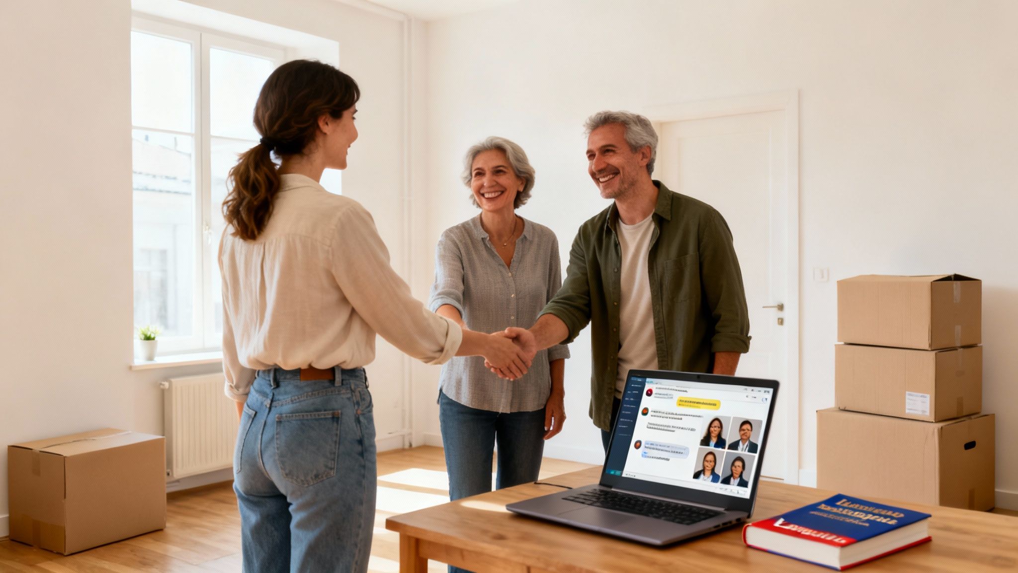 A young real estate agent shakes hands with a happy older couple in their new home with moving boxes.