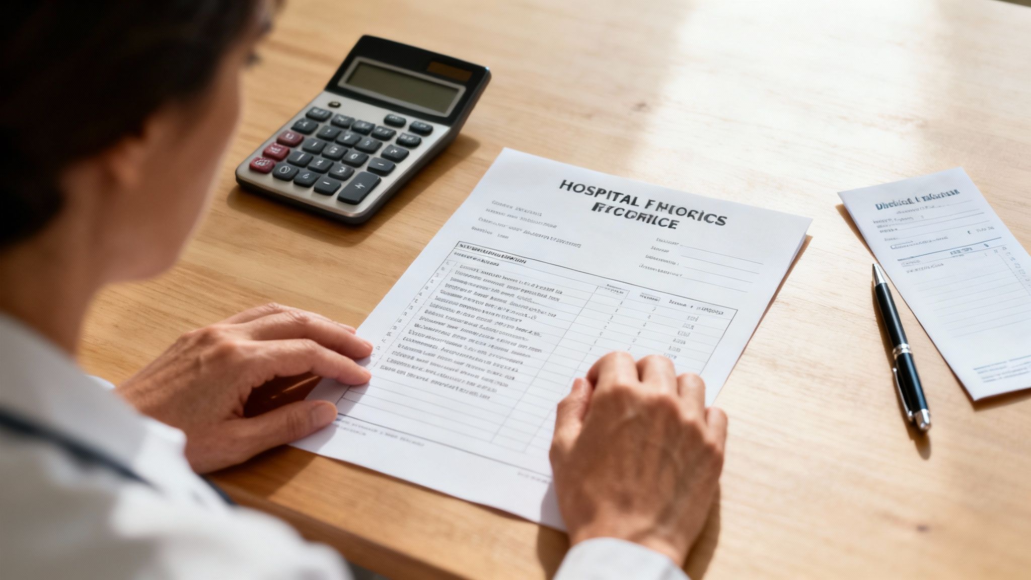 A person reviews a hospital medical bill or insurance document with a calculator on a wooden table.