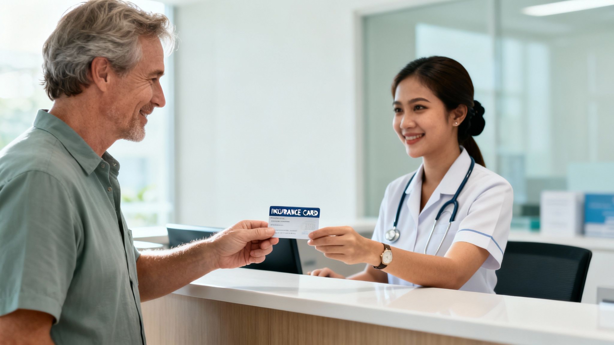 A smiling senior man hands his medical insurance card to a friendly female nurse at a hospital reception.