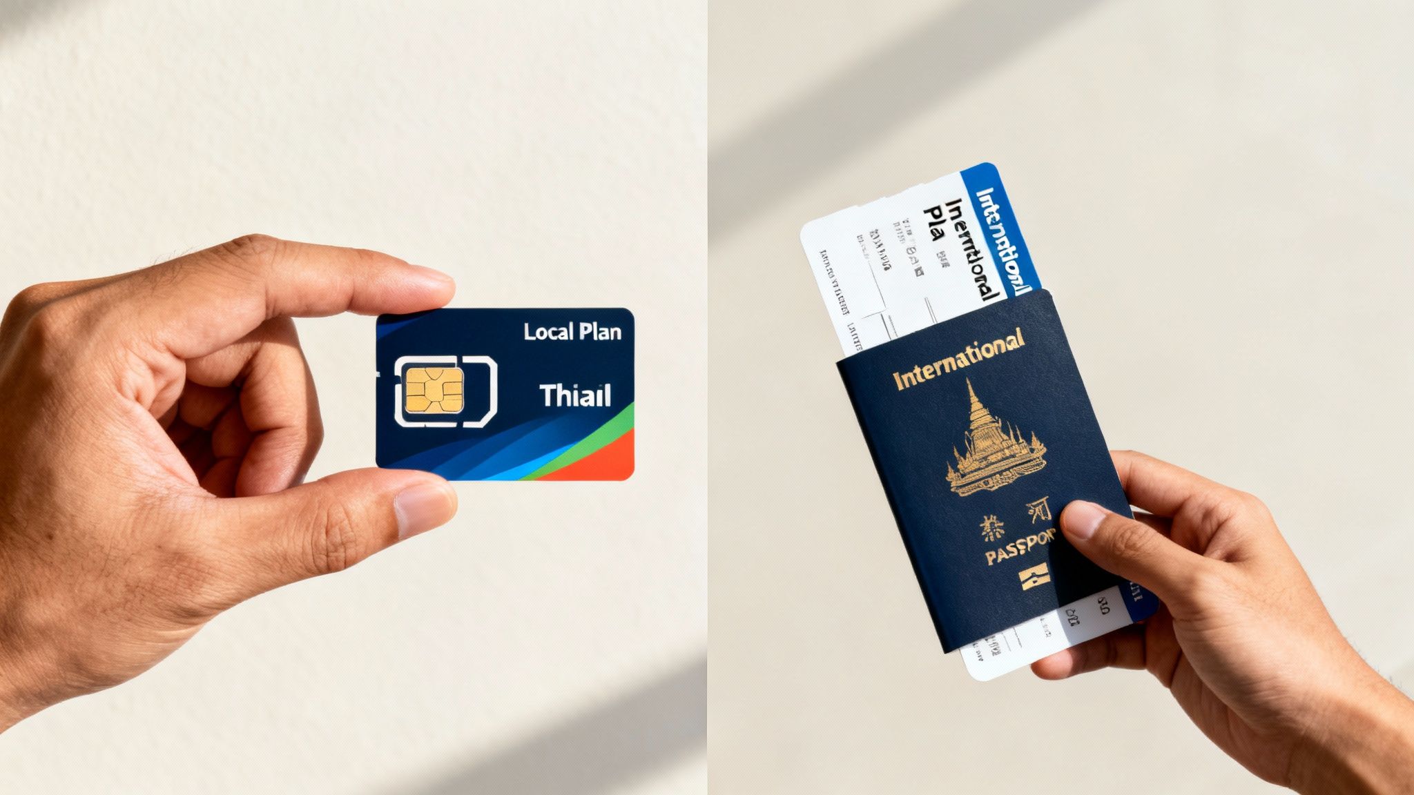 Hands holding a "Local Plan Thiail" SIM card and an international passport with a boarding pass.