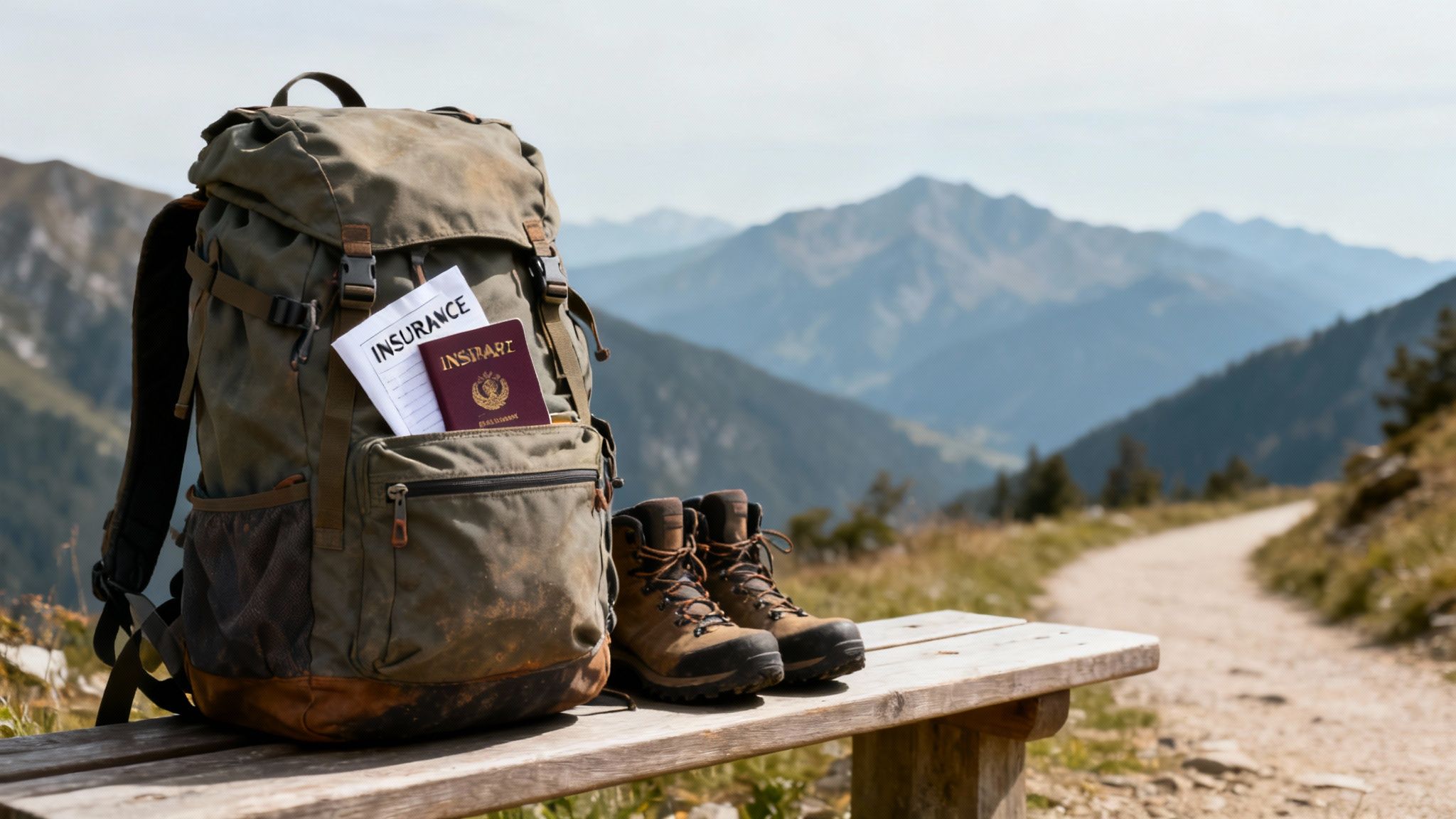 A backpack, insurance document, passport, and hiking boots on a bench in a mountain landscape.