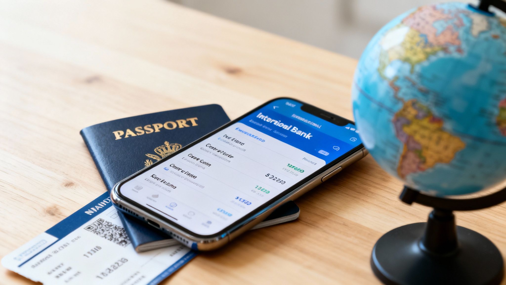 A passport, smartphone showing an 'Intertional Bank' app, plane ticket, and globe on a wooden table, symbolizing international travel and finance.
