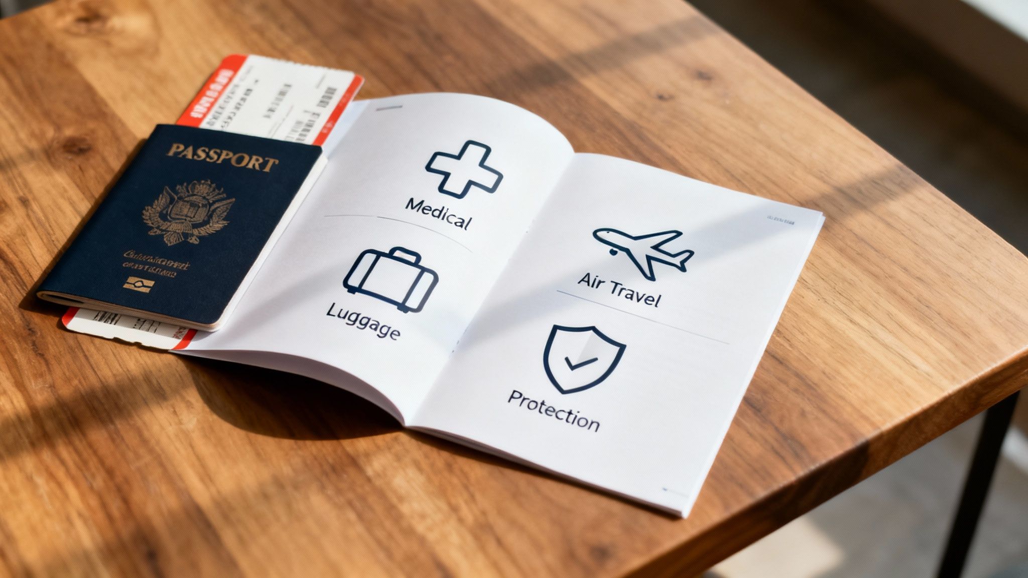 A passport with a boarding pass next to an open travel insurance booklet on a wooden table.