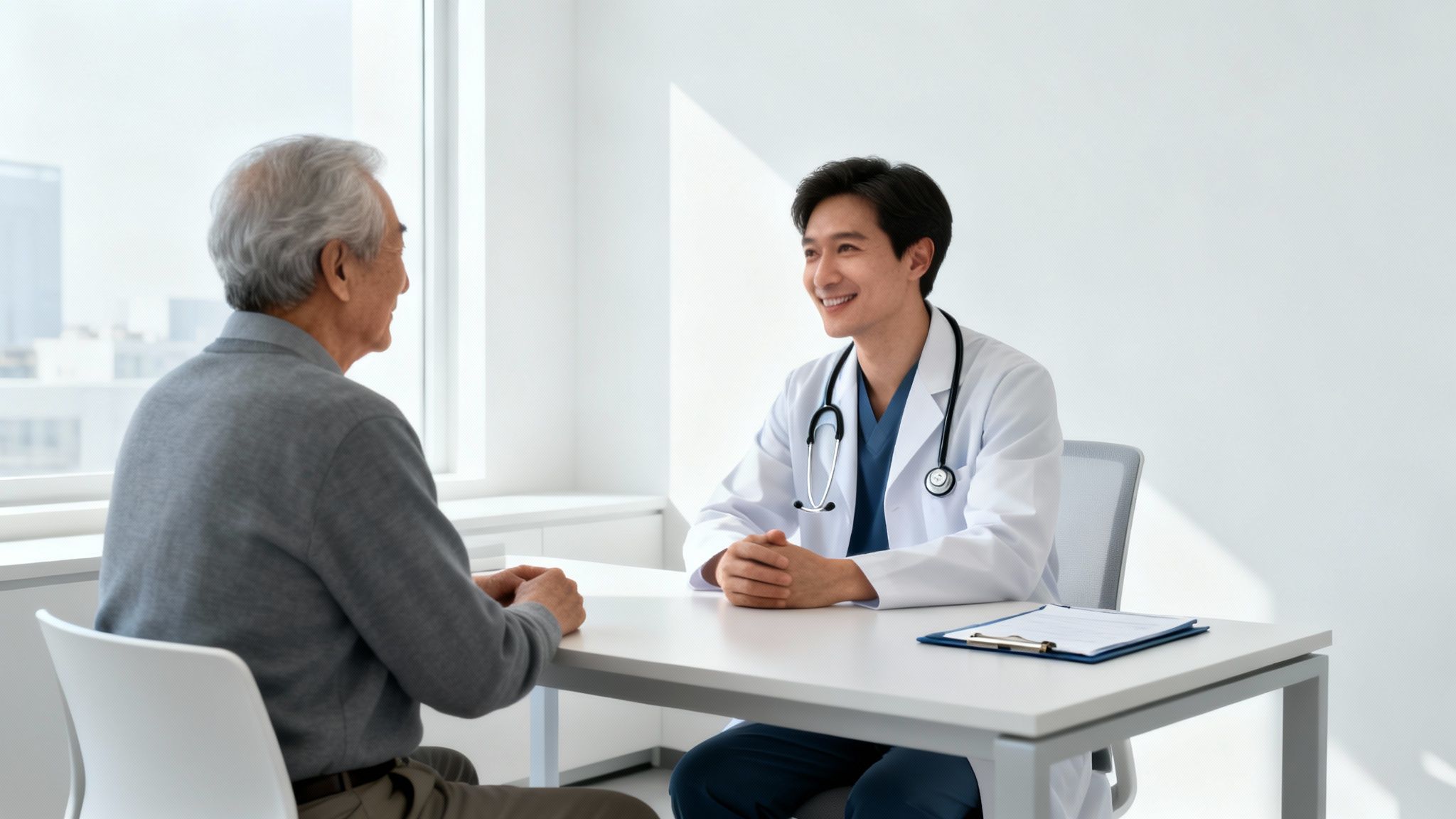 A smiling young male Asian doctor consults with an elderly male Asian patient in a bright office.