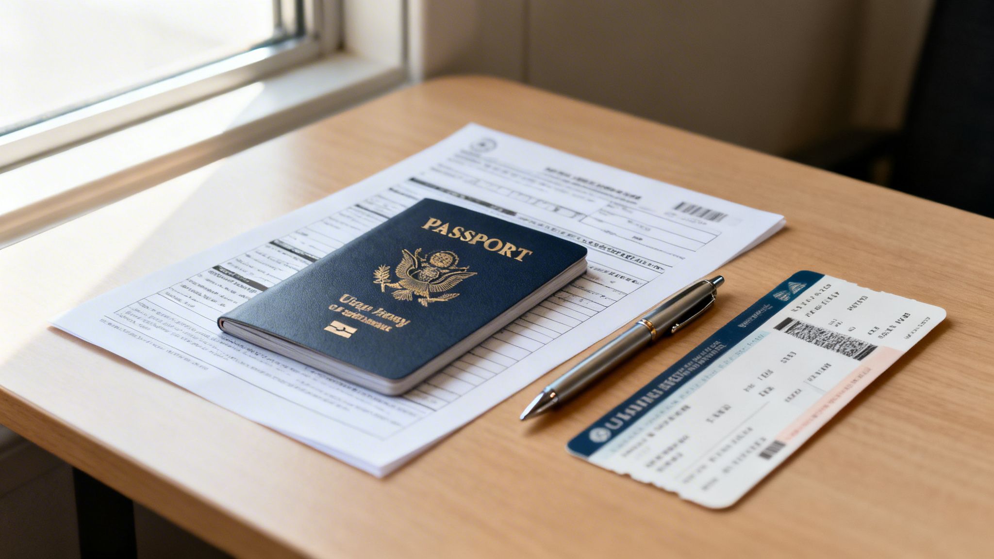 A US passport, a boarding pass, and a pen on a desk, ready for travel.