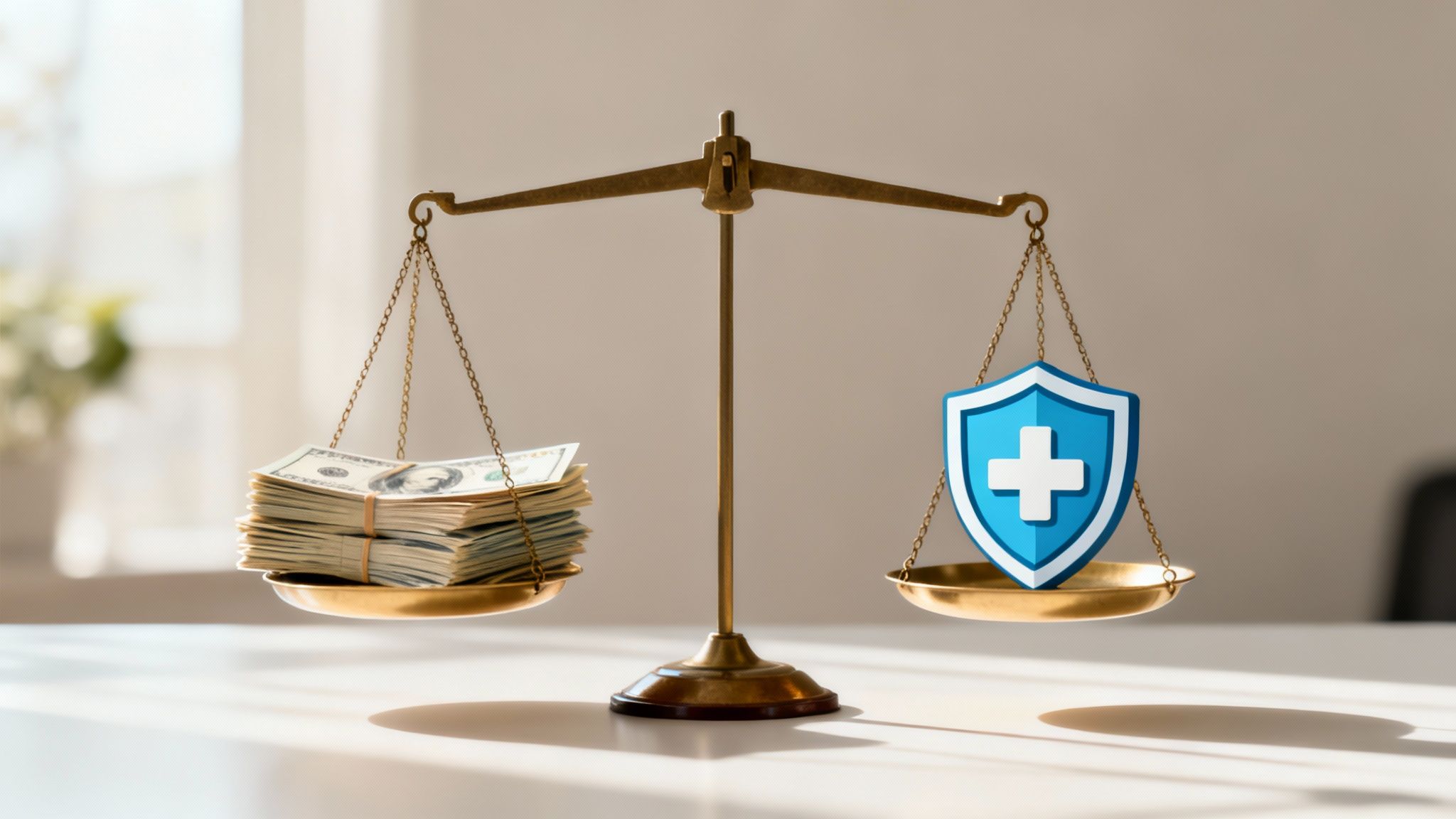 A balance scale comparing stacks of dollar bills and a medical shield, with money weighing more.