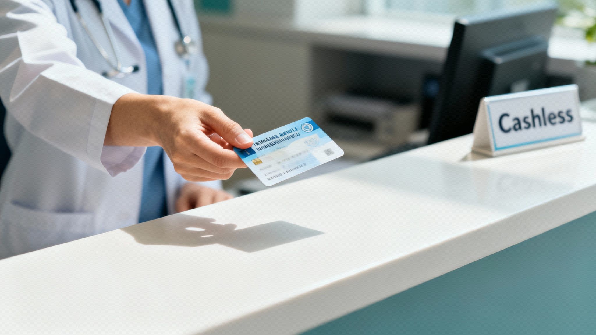 A doctor reviewing a patient's medical chart in a modern clinic.