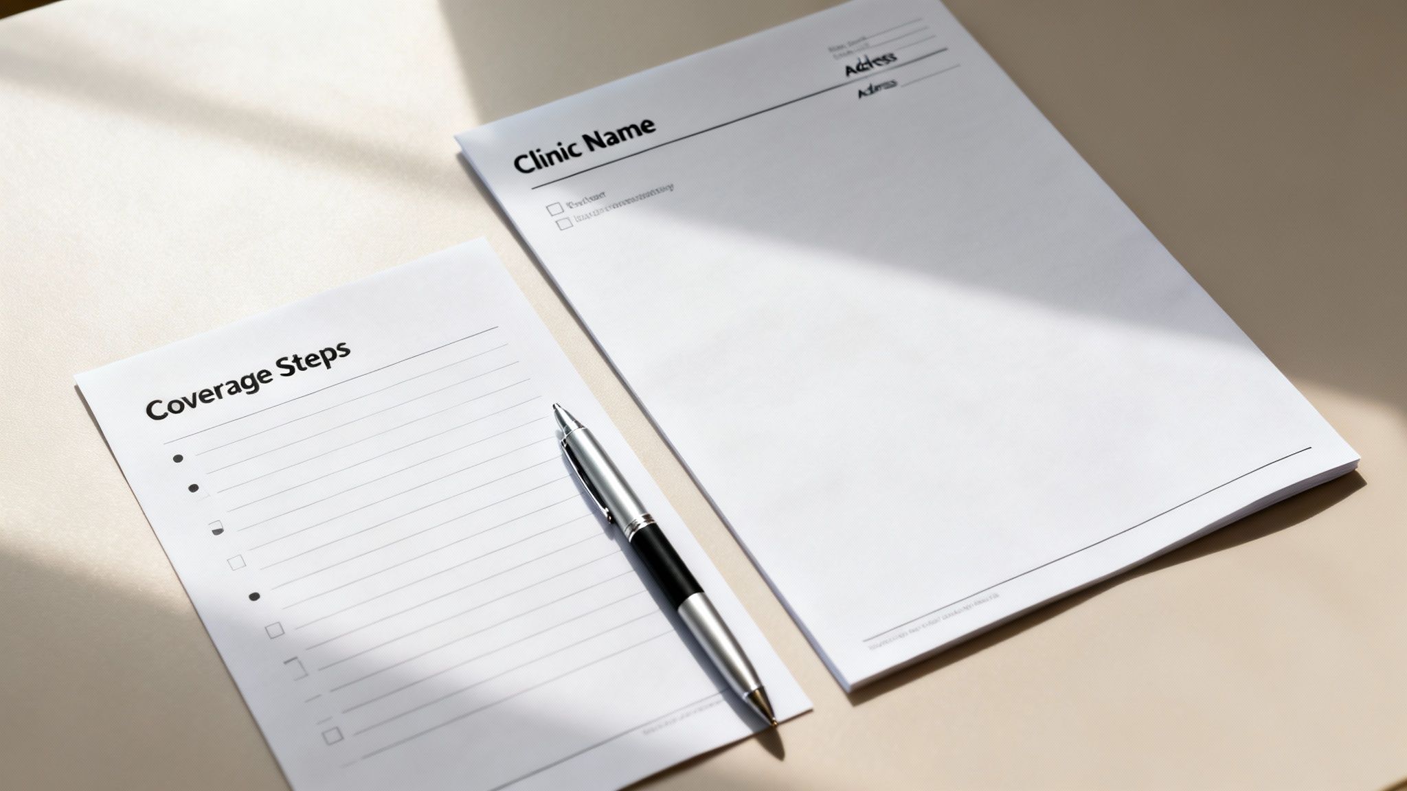 Health insurance forms and a pen on a table, illustrating coverage steps and clinic details.