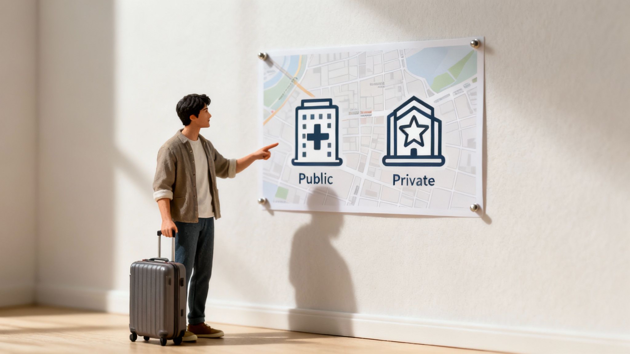 A person with a suitcase points to a map displaying public and private healthcare options.