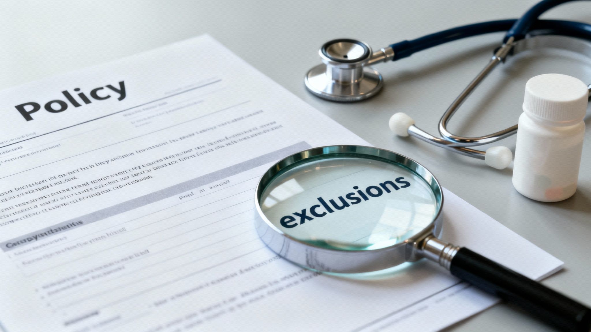 A magnifying glass highlights 'exclusions' on a medical policy document, with a stethoscope and pill bottle.