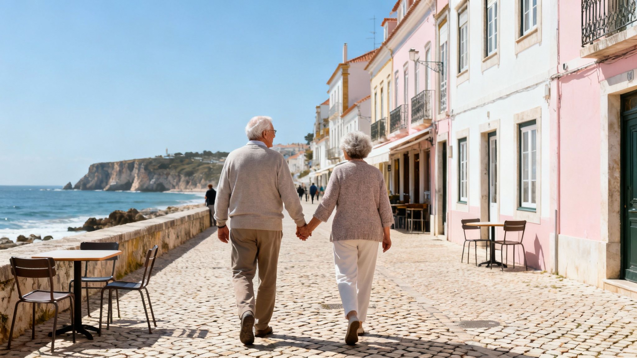 An elderly couple walks hand-in-hand along a scenic coastal promenade lined with colorful buildings.