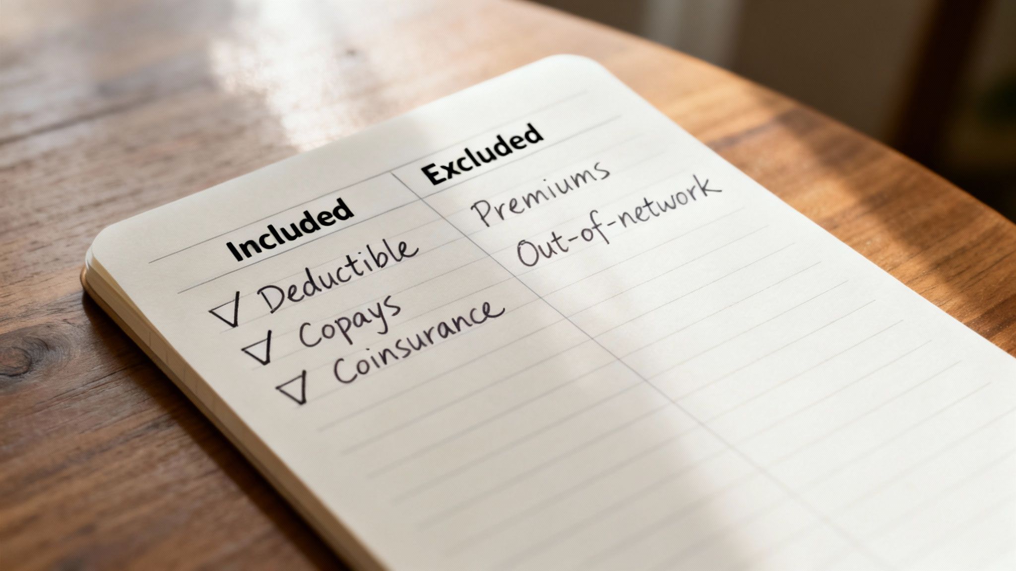 A notebook showing a list of health insurance terms, categorized as included and excluded expenses.