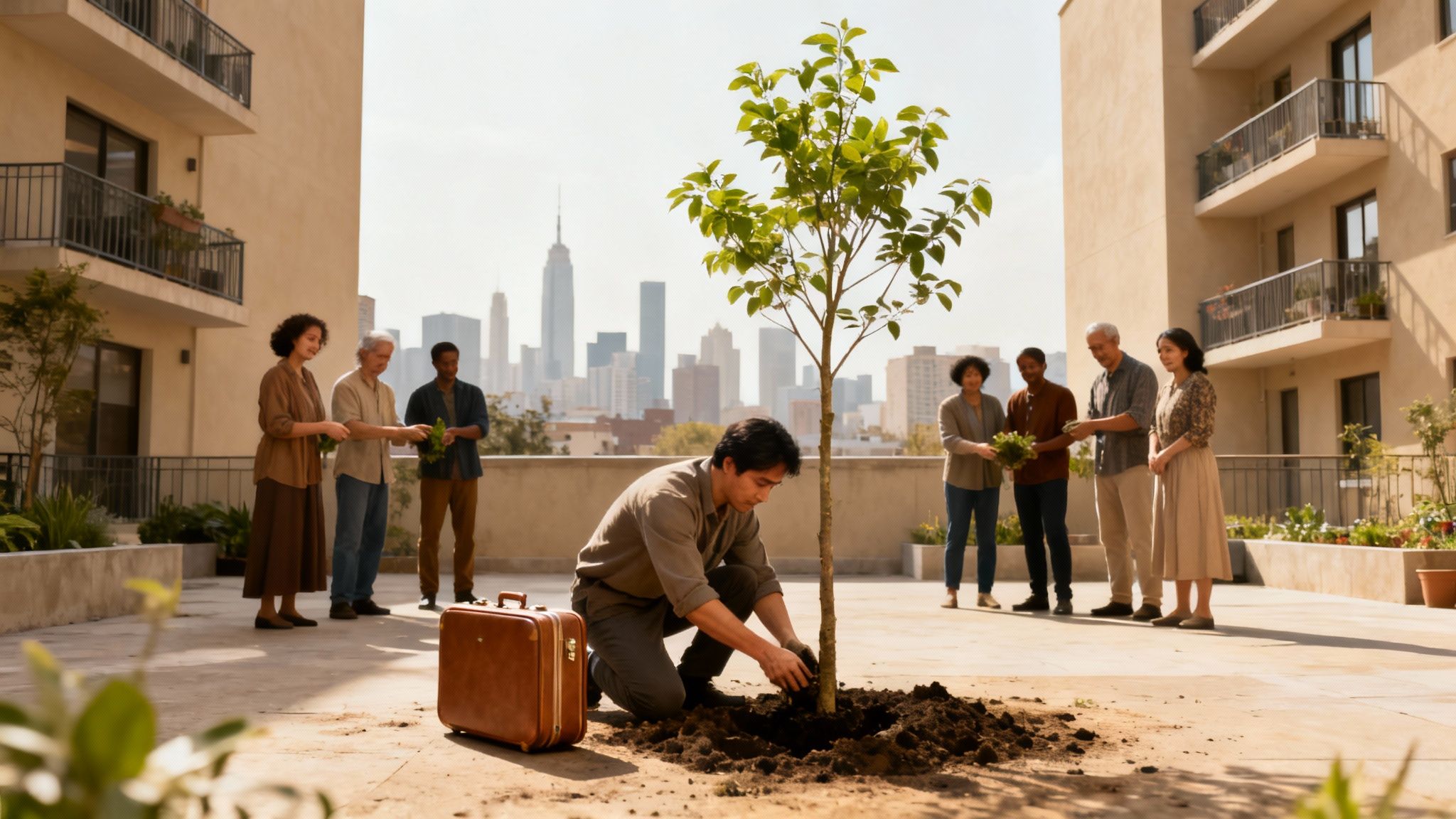 Diverse community members plant a tree on a sunny urban rooftop garden with city skyline.
