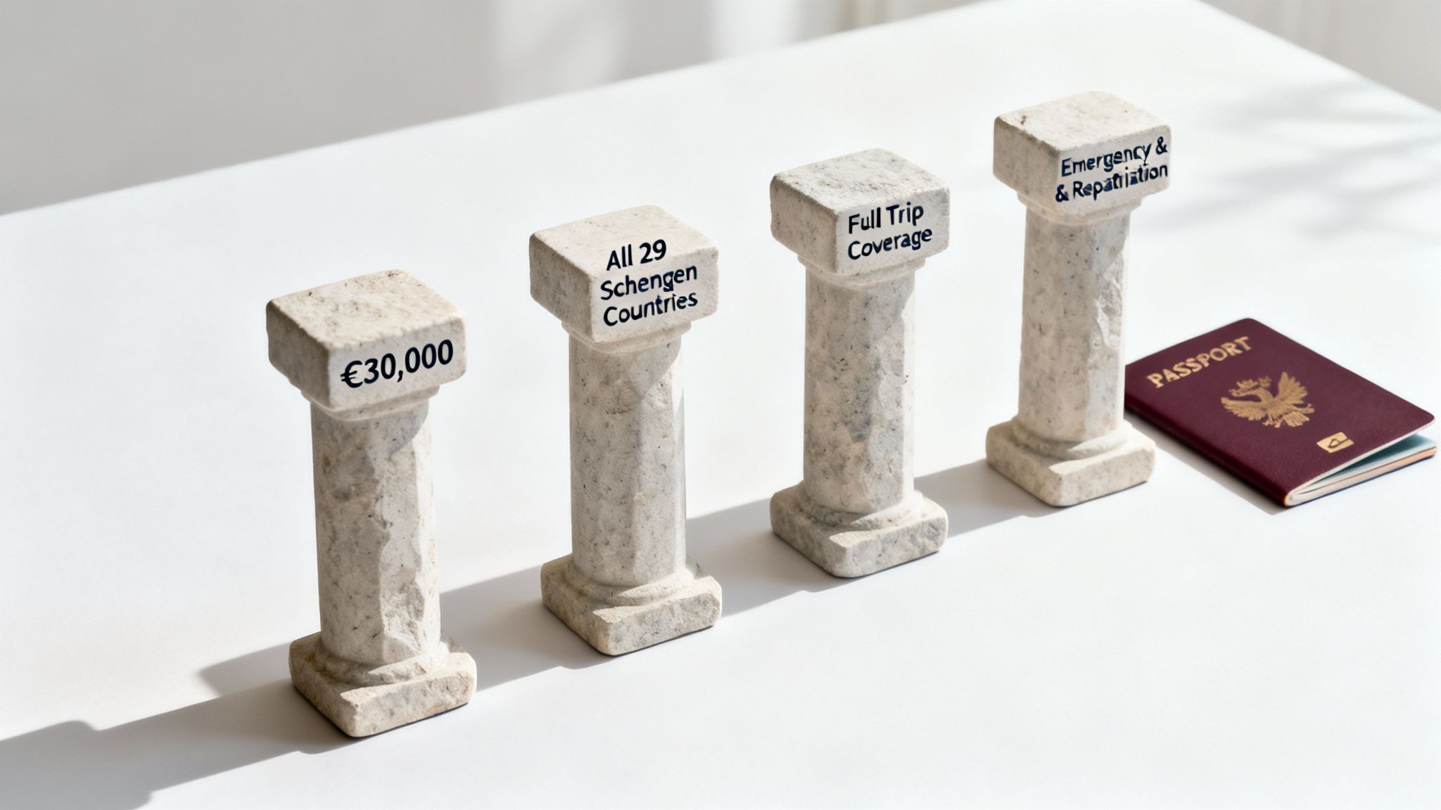Pillars detailing Schengen visa insurance requirements like €30,000 coverage and full trip coverage, alongside a passport.