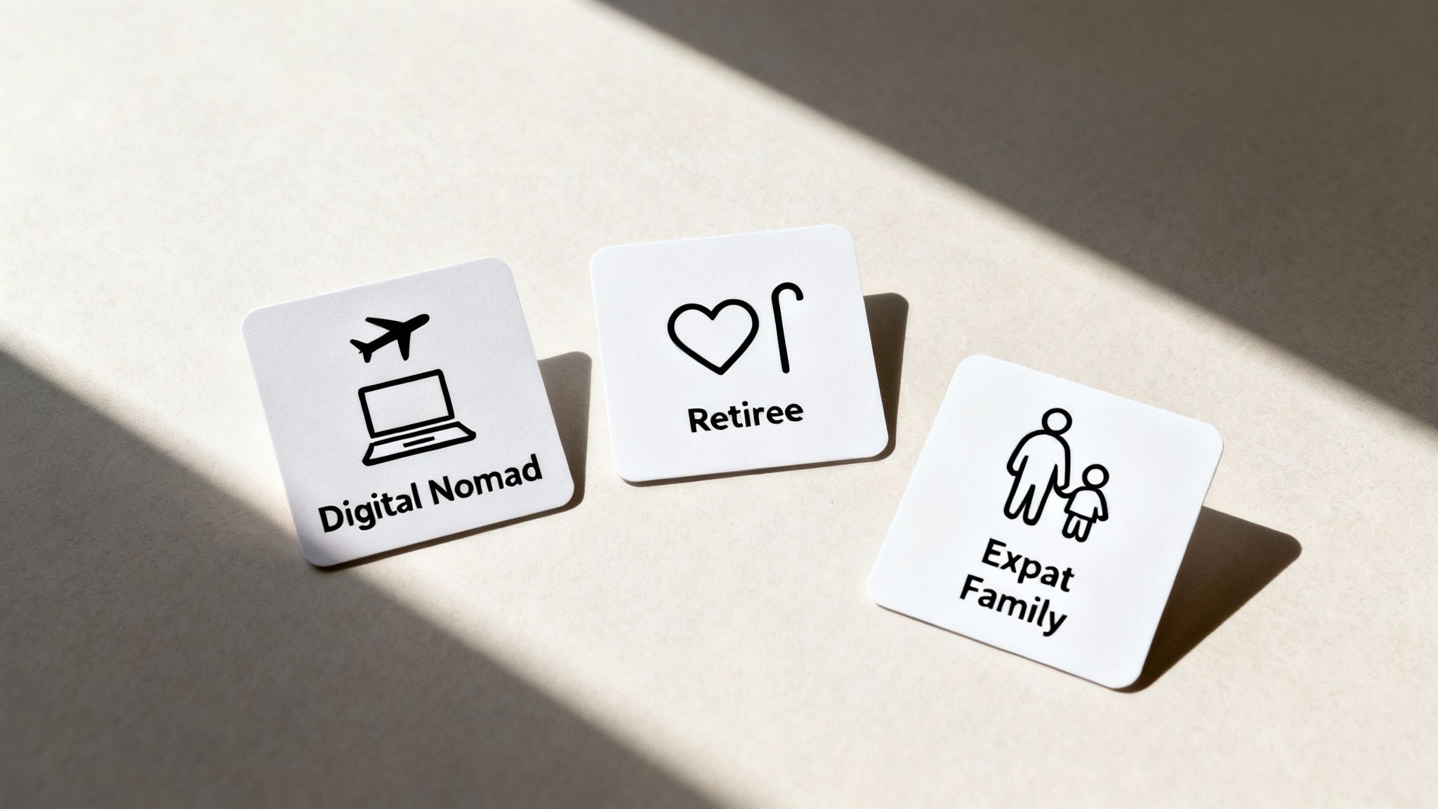 Three white cards displaying icons and text for Digital Nomad, Retiree, and Expat Family.