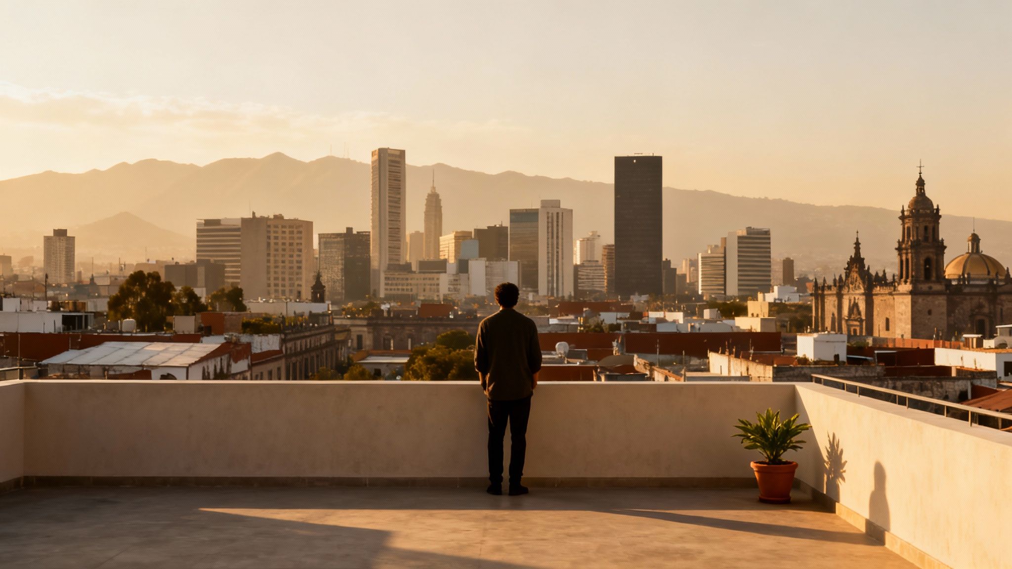 Man standing on rooftop overlooking Mexico City skyline at sunset with mountains