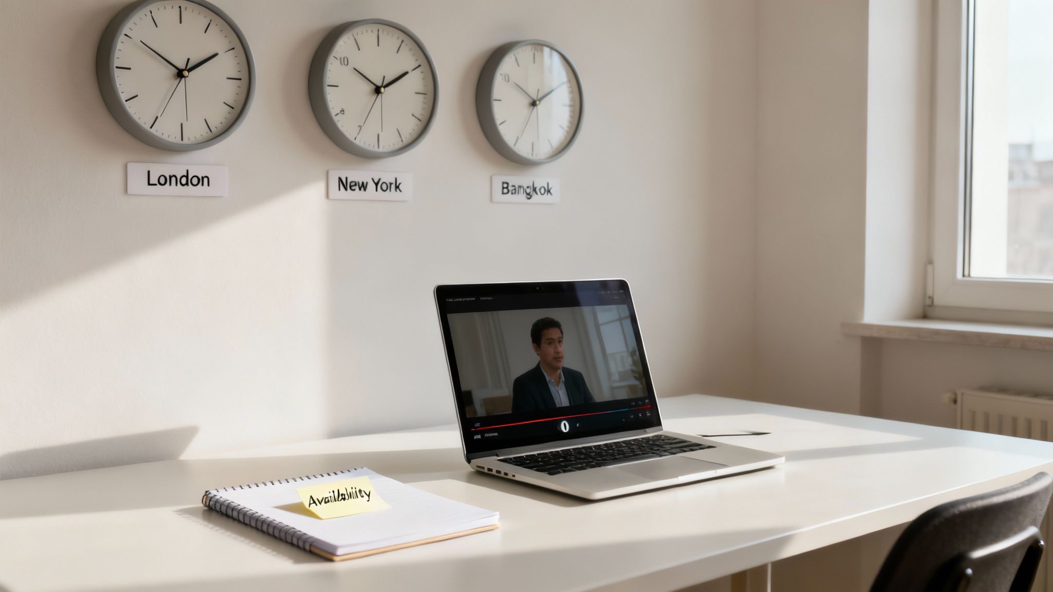 Modern desk with laptop showing a video call, a notebook with an 'Availability' note, and clocks for multiple time zones.