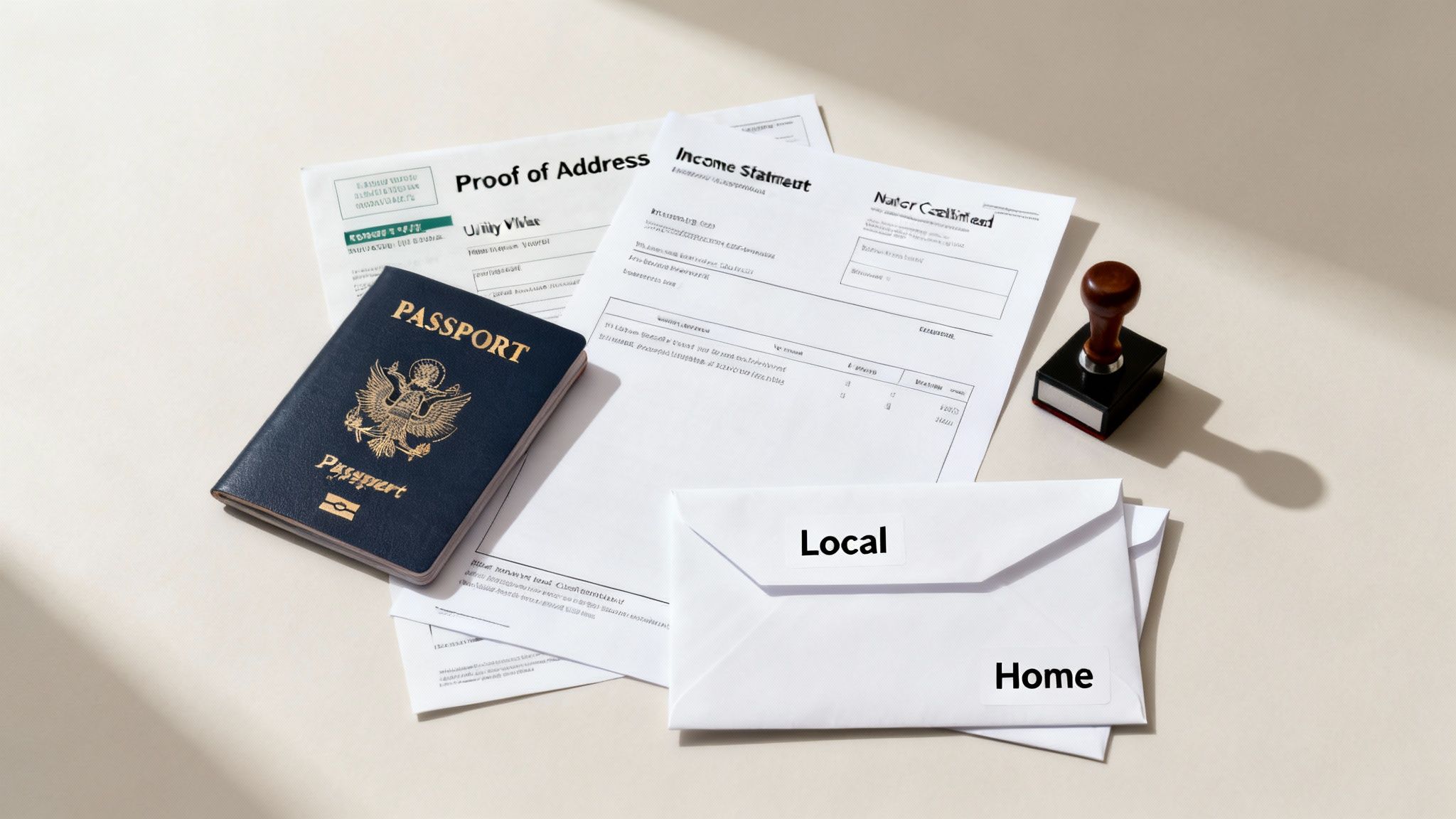 A U.S. passport, proof of address, income statement, and envelopes on a light surface.