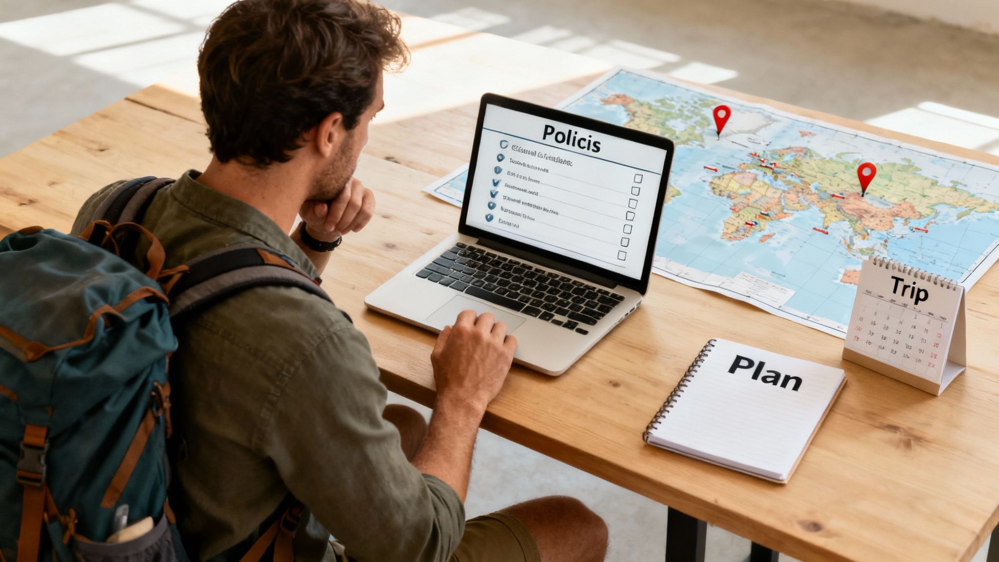 A man with a backpack plans a trip, looking at travel insurance on a laptop with a map and calendar.