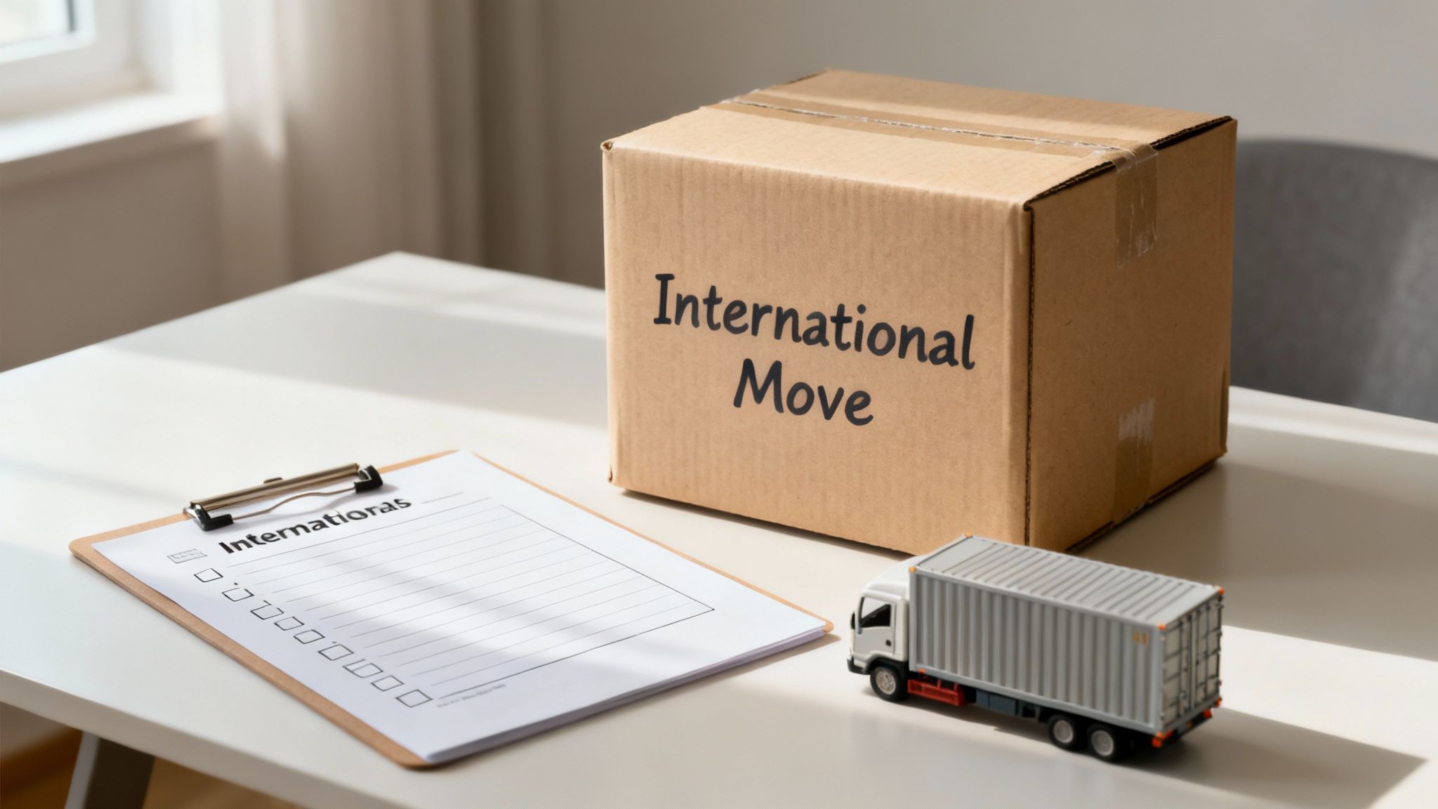 A cardboard box labeled 'International Move' with a checklist and toy truck on a desk, symbolizing international relocation planning.