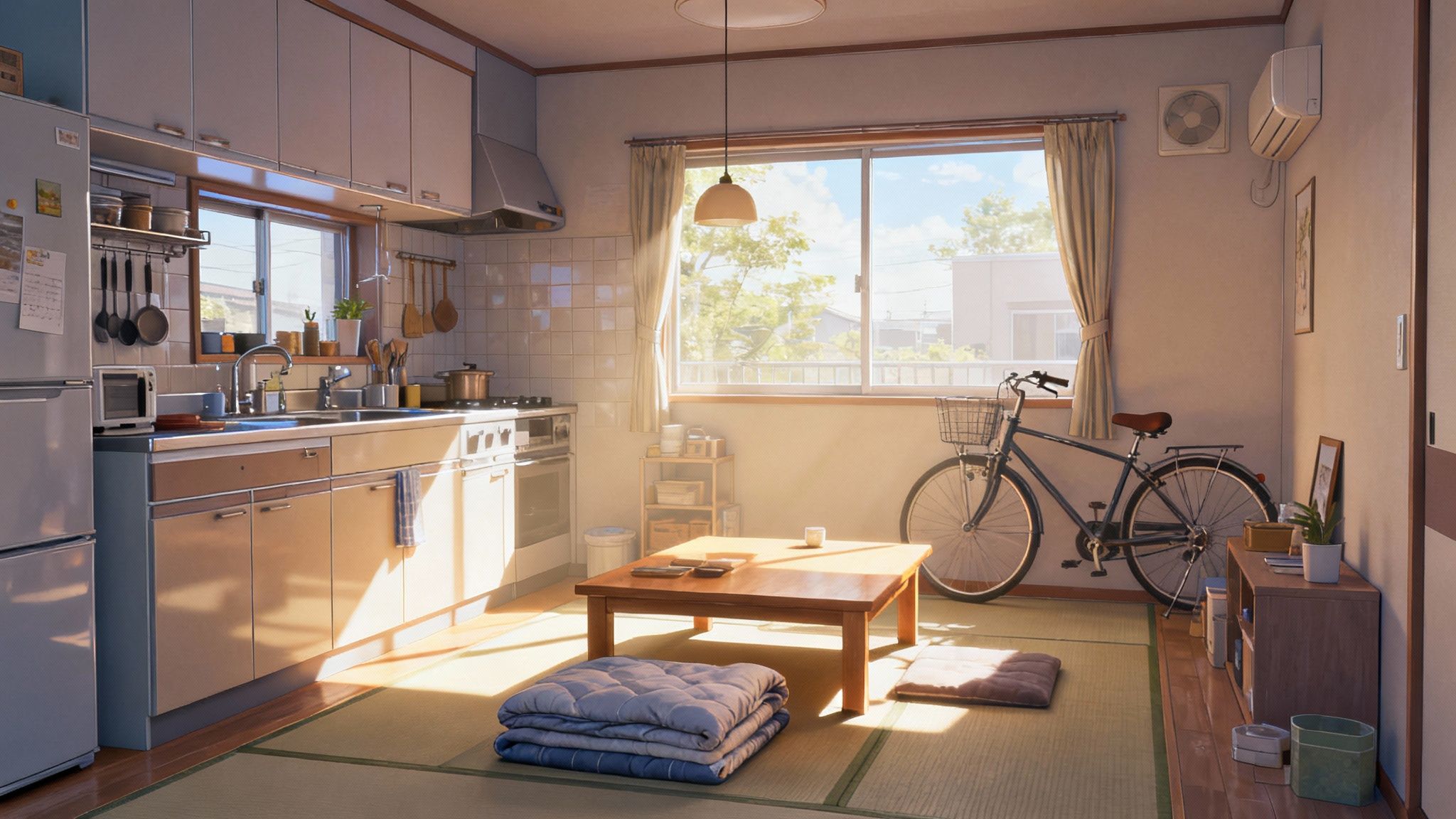 Bright Japanese studio apartment with tatami mats, low table, futon, bicycle, and compact kitchen