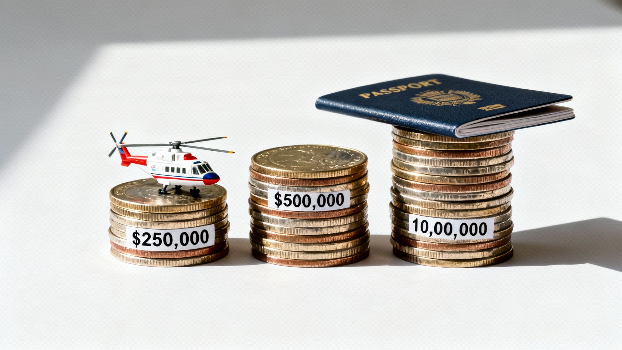 Three stacks of coins with labels showing different monetary values for a helicopter and a passport.