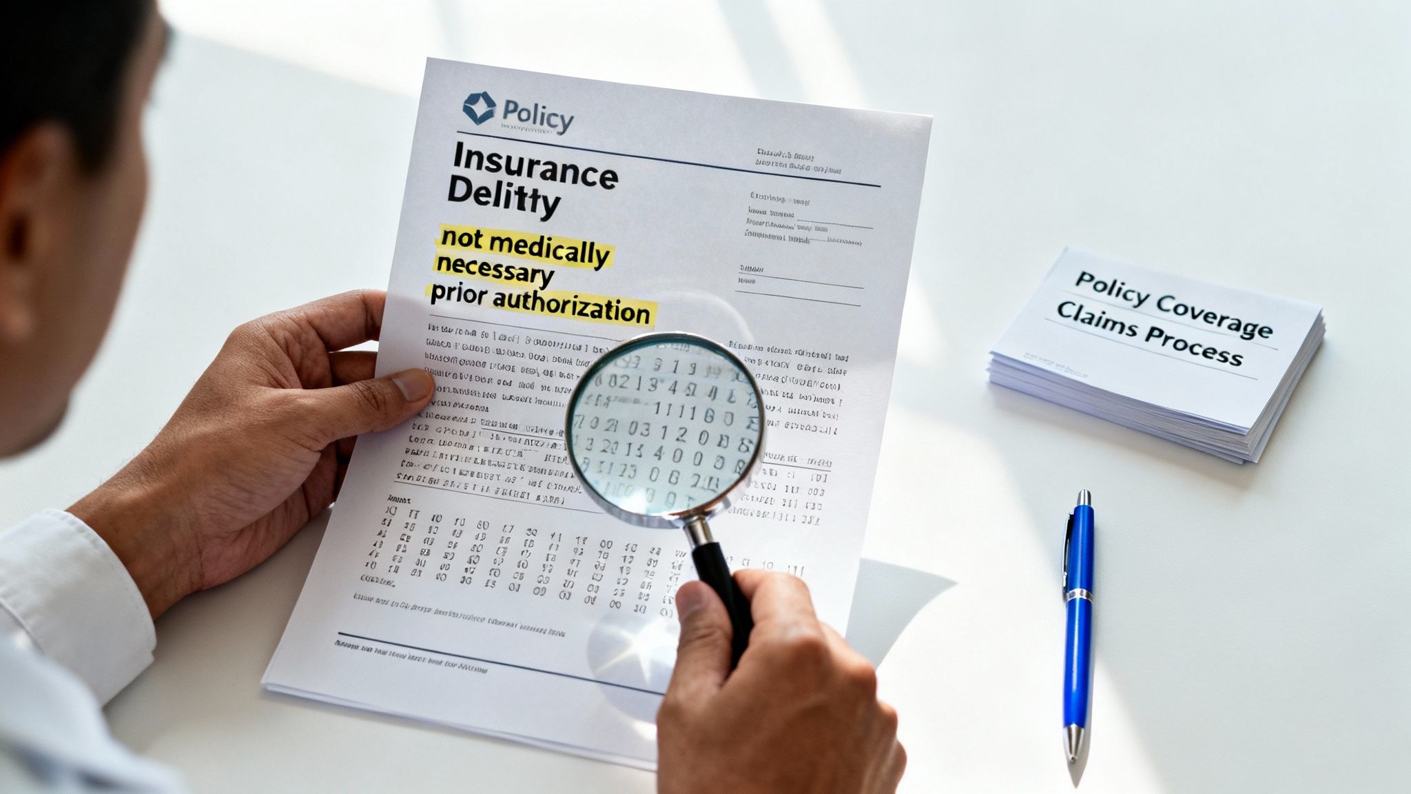 A person uses a magnifying glass to review an insurance policy, highlighting 'not medically necessary prior authorization'.