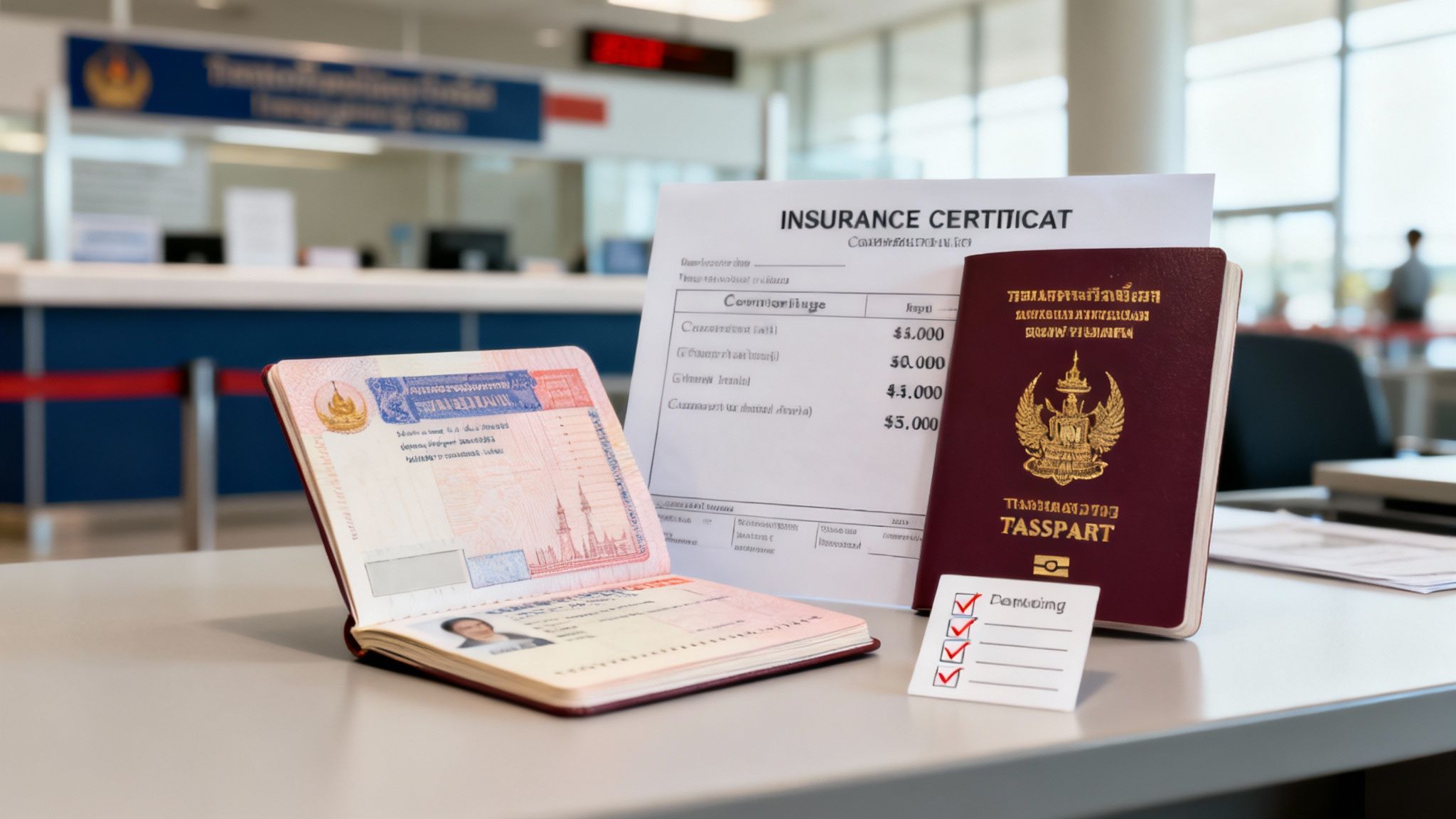 Travel documents including passports and an insurance certificate on a counter, ready for international travel.
