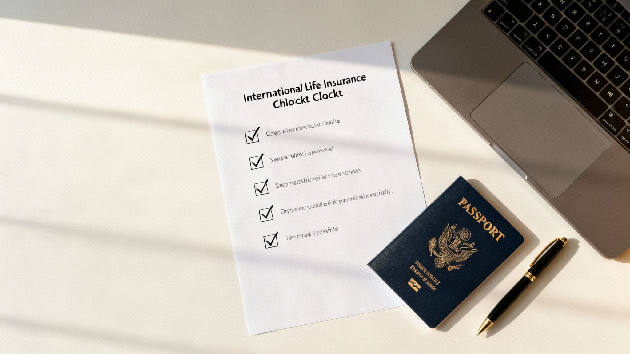 Flat lay of international life insurance checklist, US passport, pen, and laptop on a white desk.