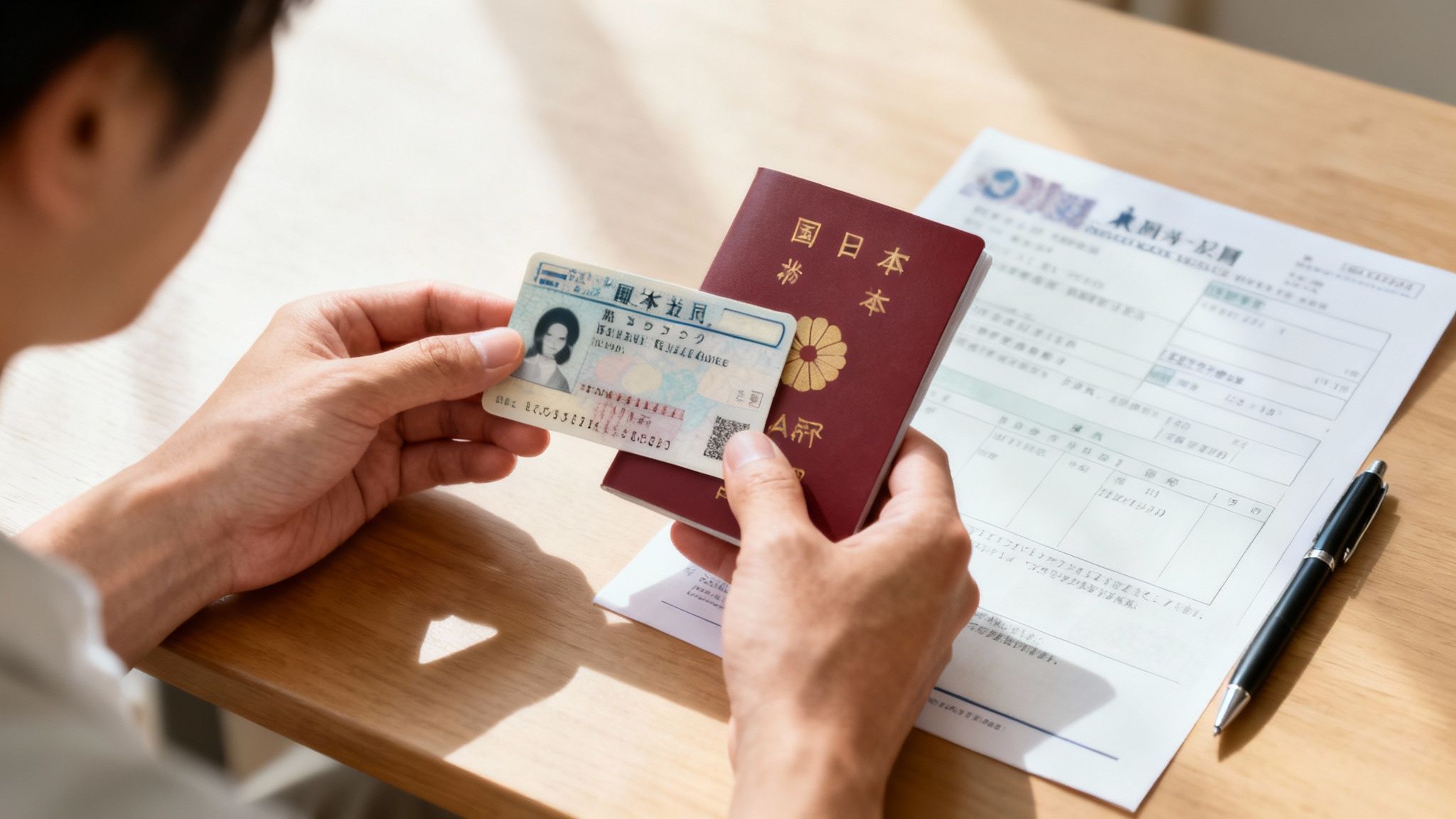 Person holding Japanese passport and residence card with application forms on desk