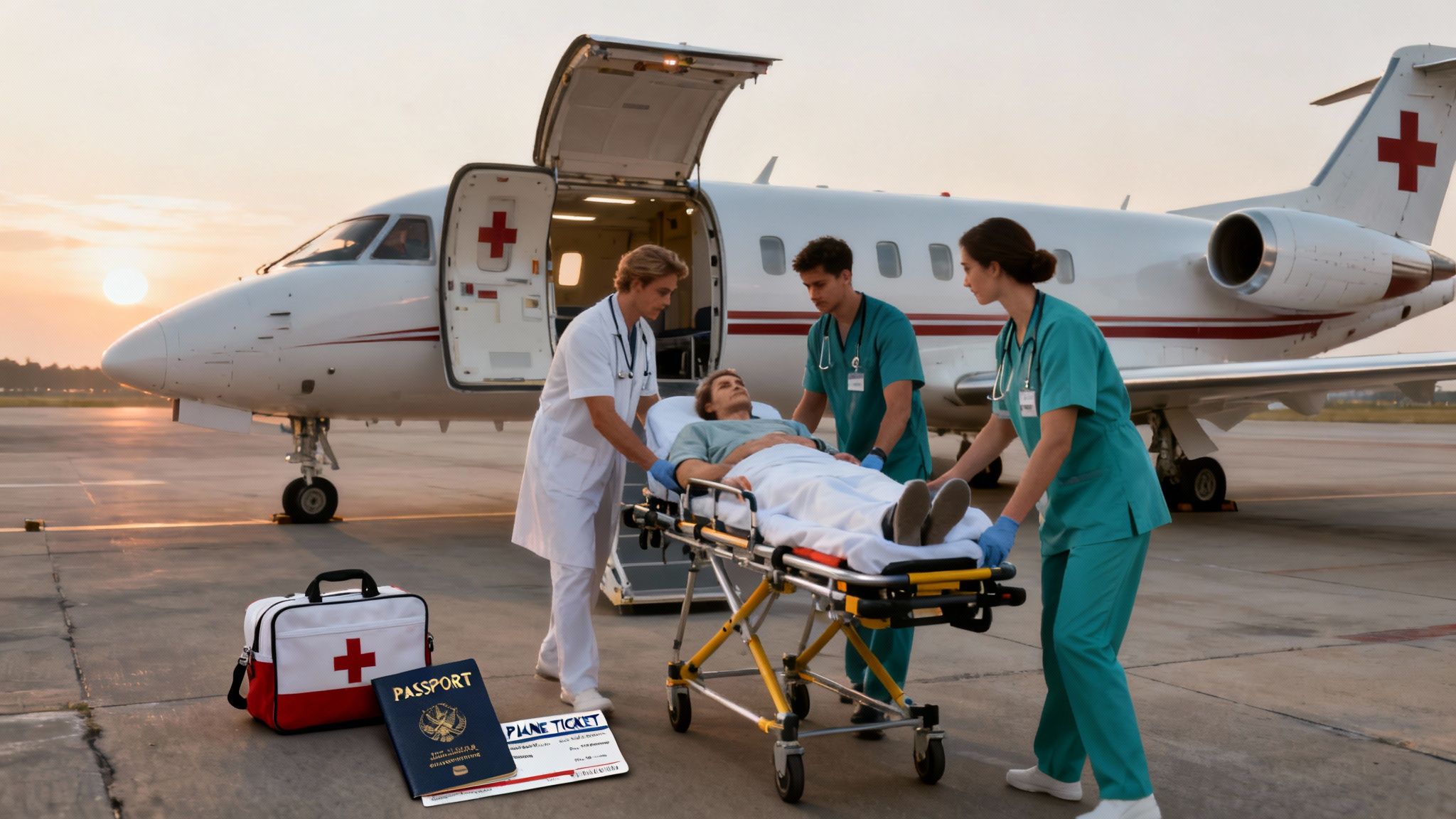 Medical team prepares to load a patient on a stretcher into an air ambulance at sunset.