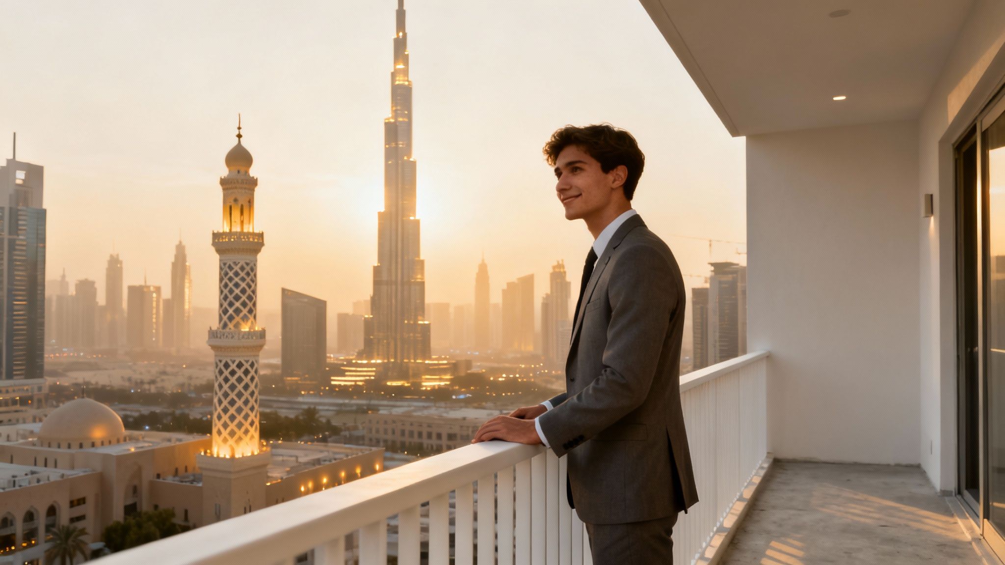 Young professional businessman standing on luxury balcony overlooking Dubai skyline at sunset