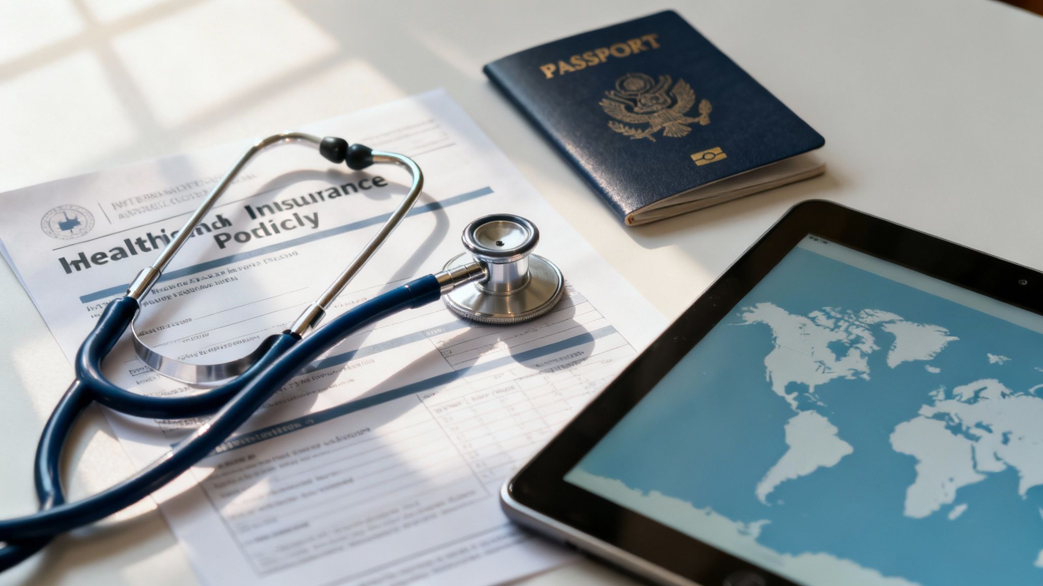 Stethoscope, health insurance policy, US passport, and tablet with world map for international travel planning.