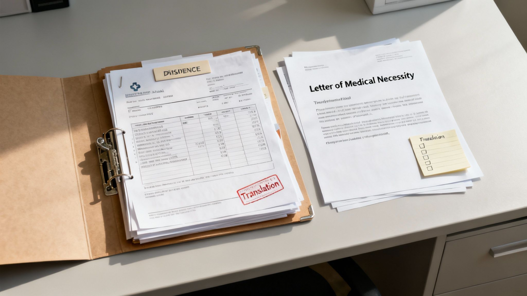 Medical documents and a letter of medical necessity on a desk, highlighting translation needs.