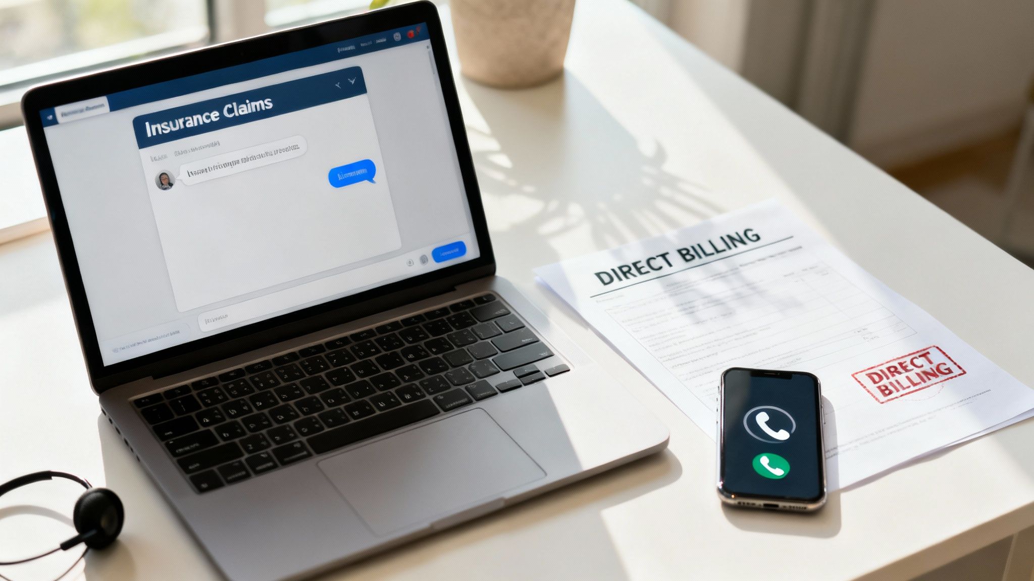 A person on the phone with customer support, looking relieved, in front of a laptop.
