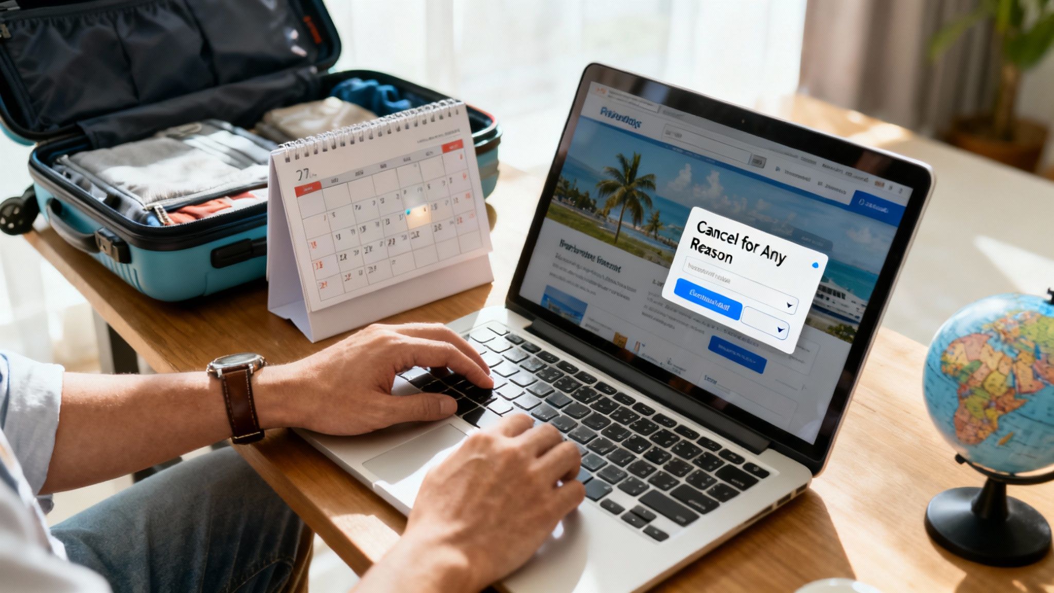 A person is using a laptop to cancel a trip online, with a calendar and packed suitcase visible.