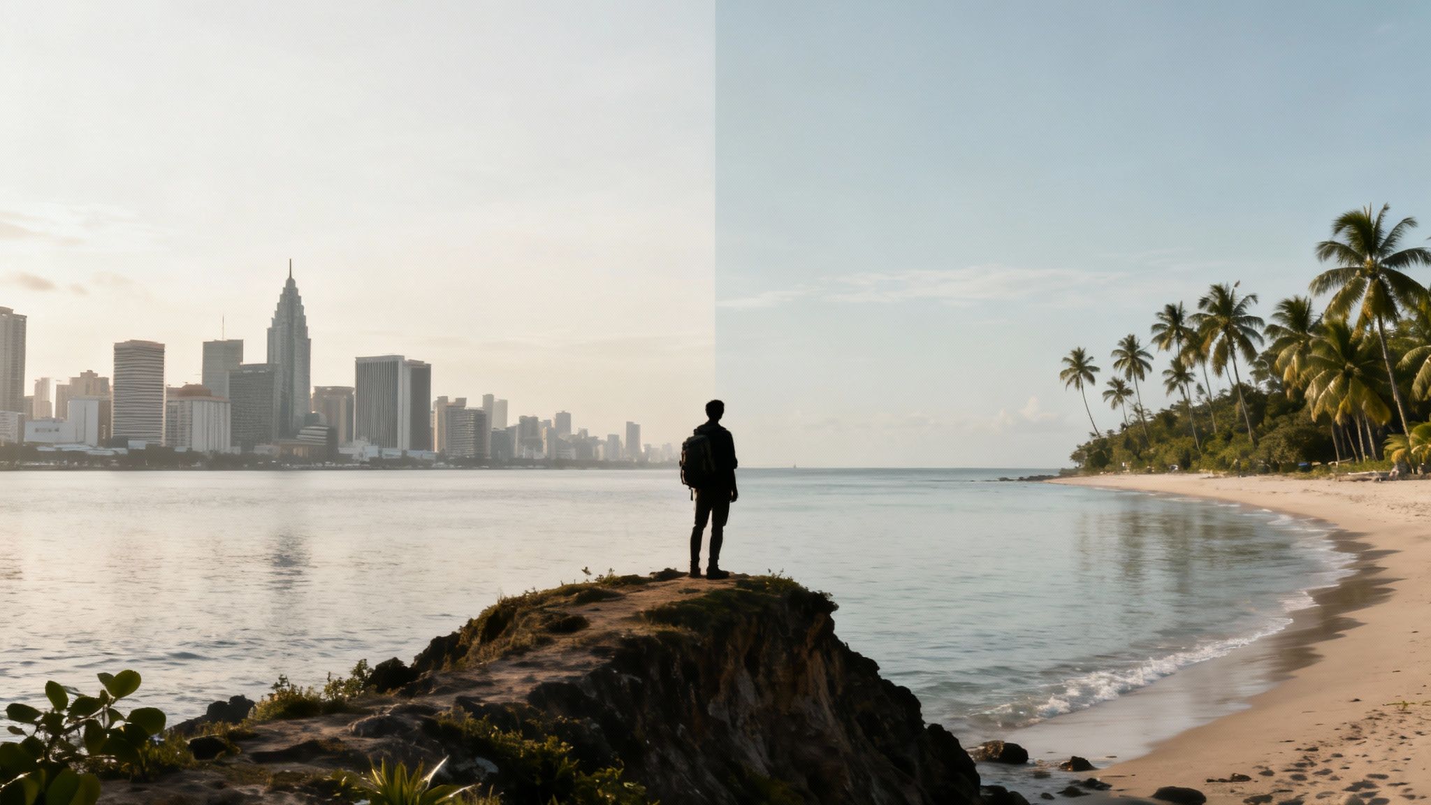 A person on a cliff overlooking a vibrant city on one side and a serene tropical beach on the other.