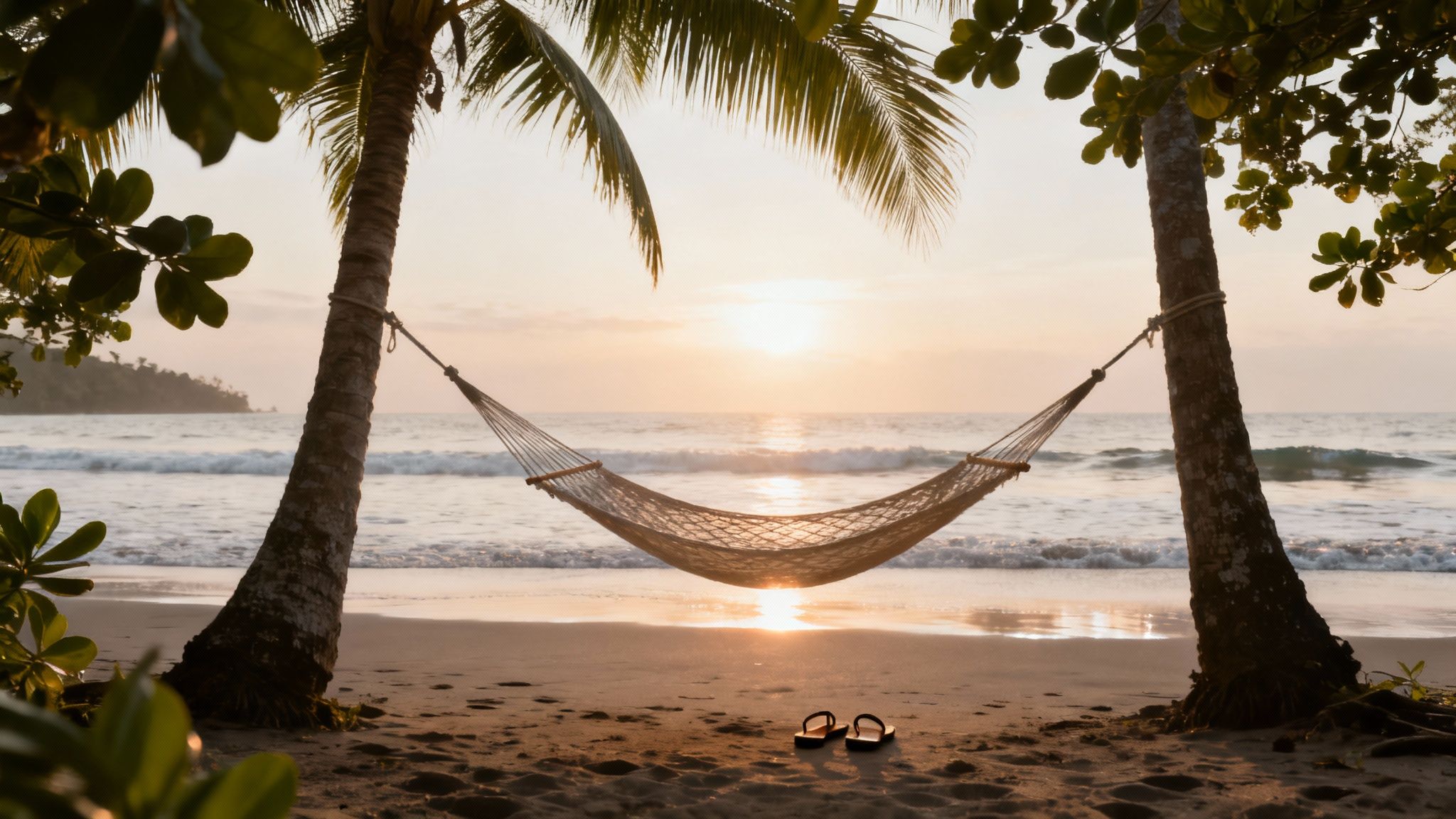 A serene sunset on a sandy beach with a hammock strung between two palm trees.