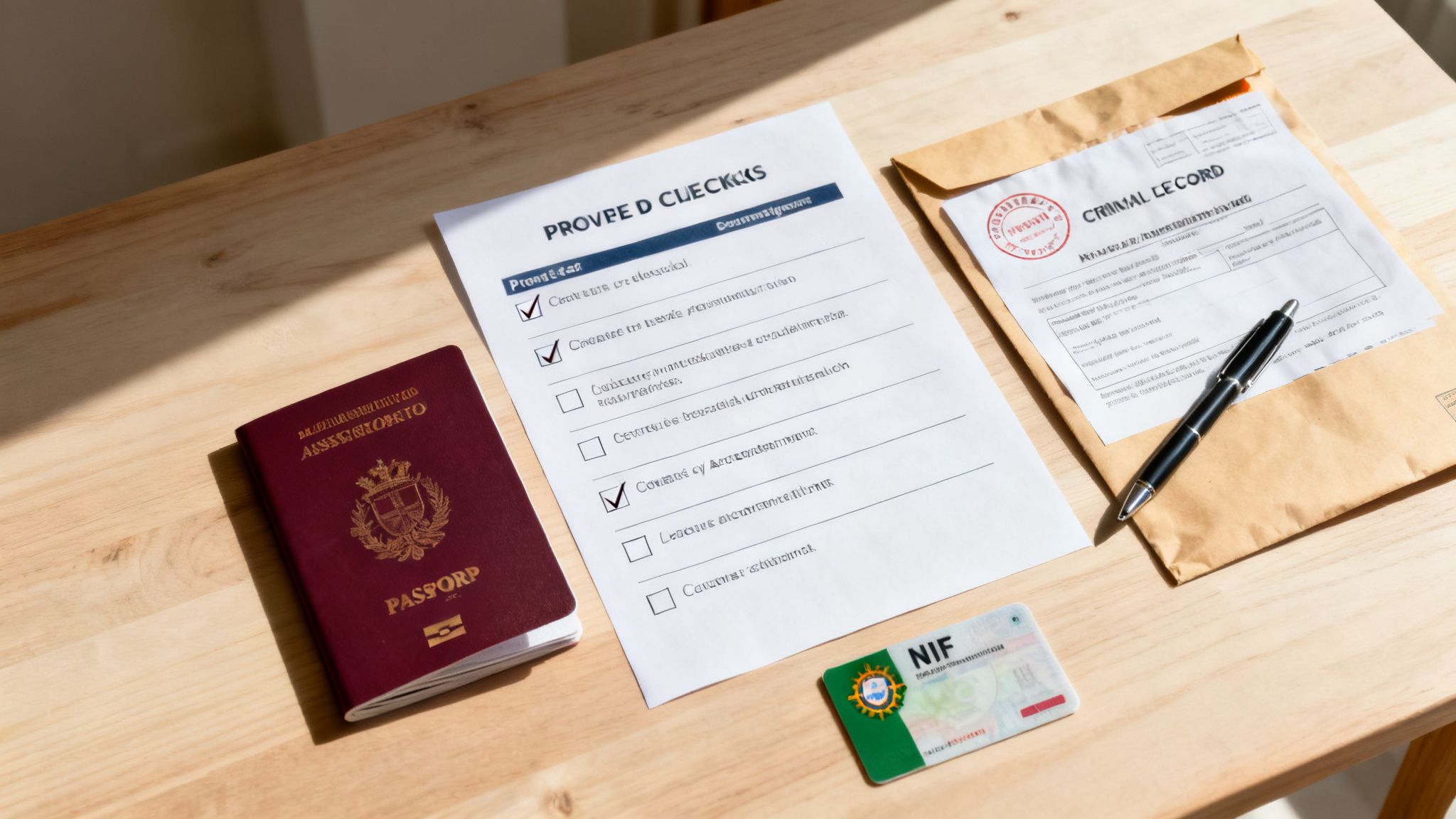 Portuguese passport, checklist, criminal record envelope, pen, and NIF card on a wooden desk.