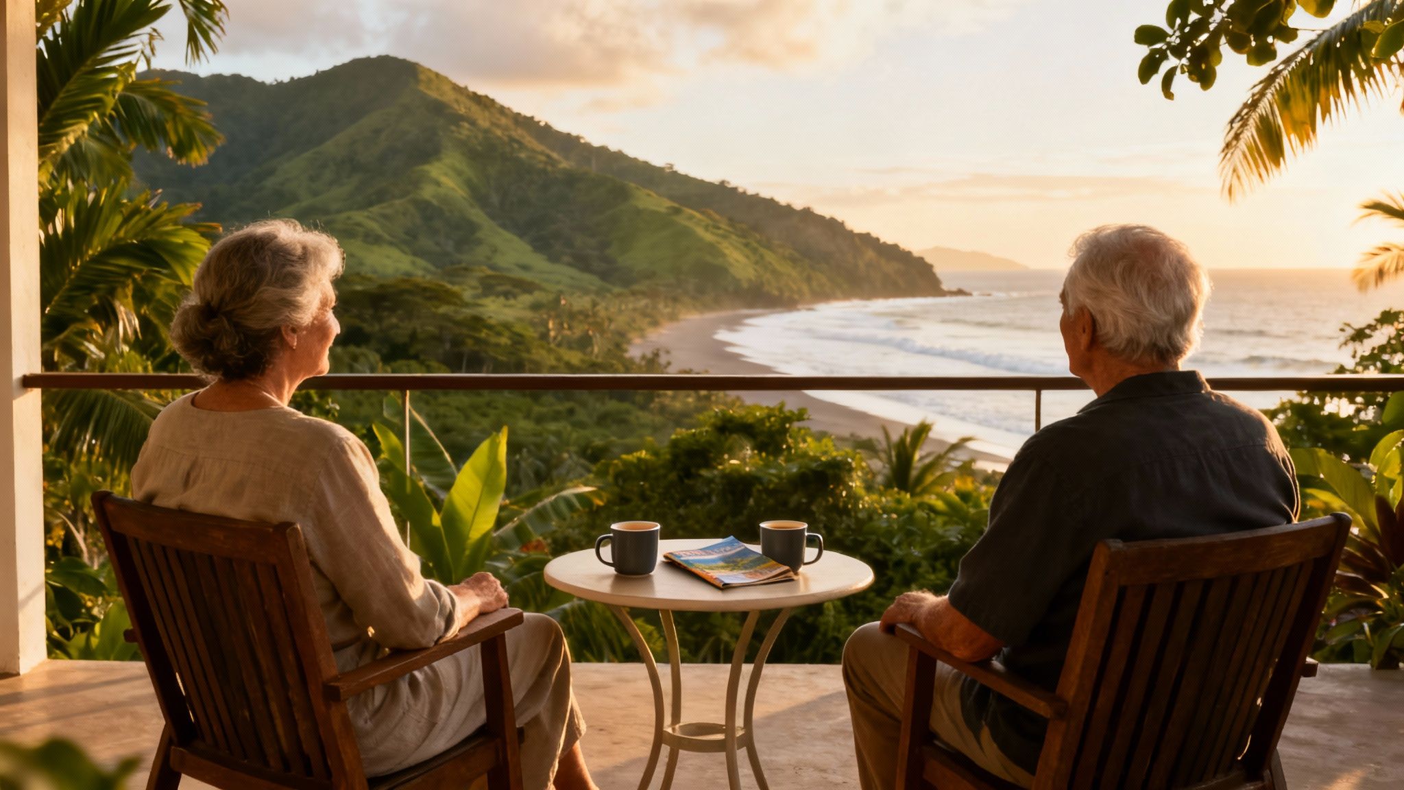 Elderly couple enjoys a tropical coastal sunset view from their balcony with coffee.