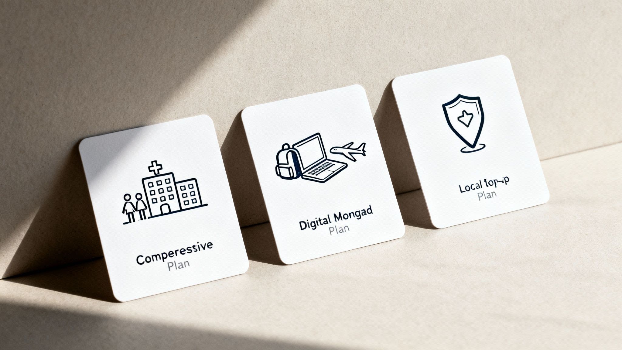 Three white cards showcase different international health insurance plans: Comprehensive, Digital Nomad, and Local Top-up.