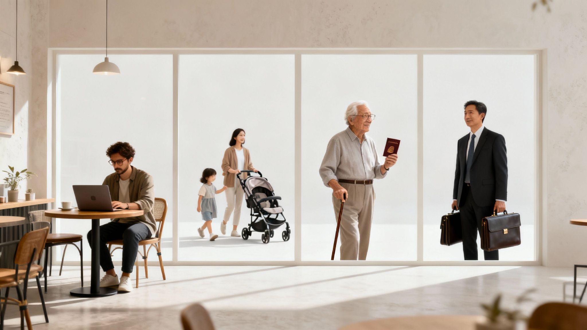 Diverse people from different generations, including a man working, a family, an elderly man, and a businessman.