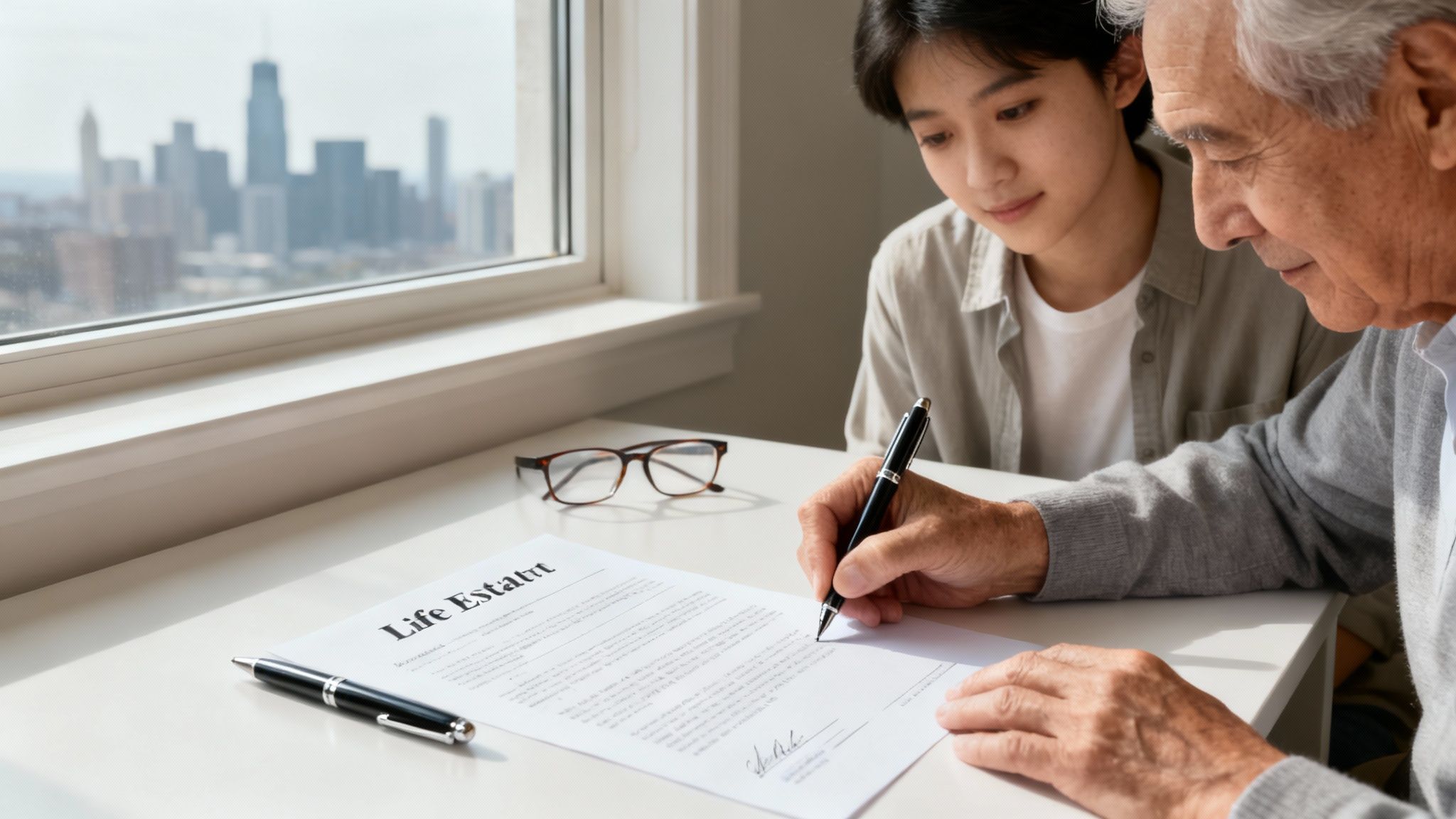 An elderly man signs a "Life Estate" document as a younger man observes, with a city view.