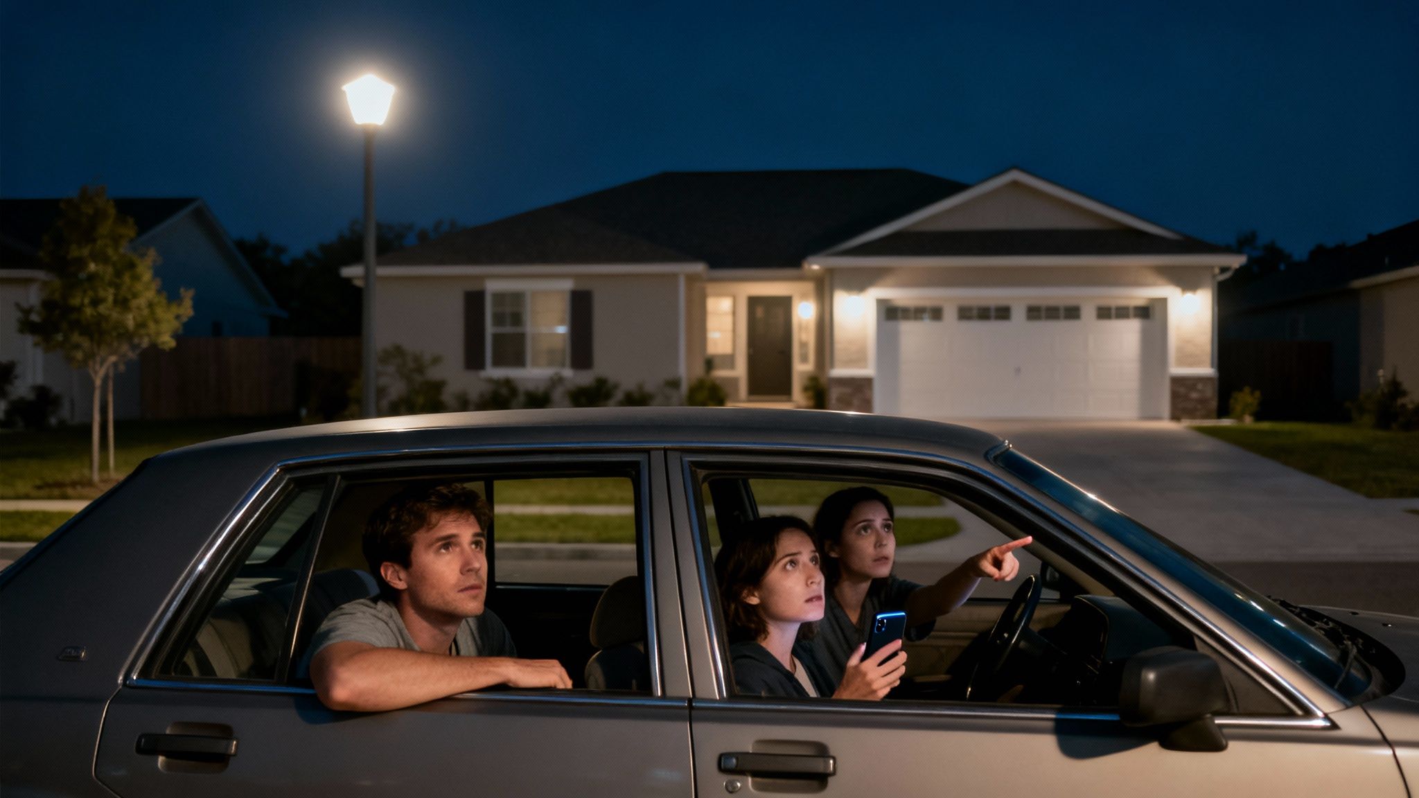 Three people in a car at night, one pointing, searching in a suburban neighborhood.
