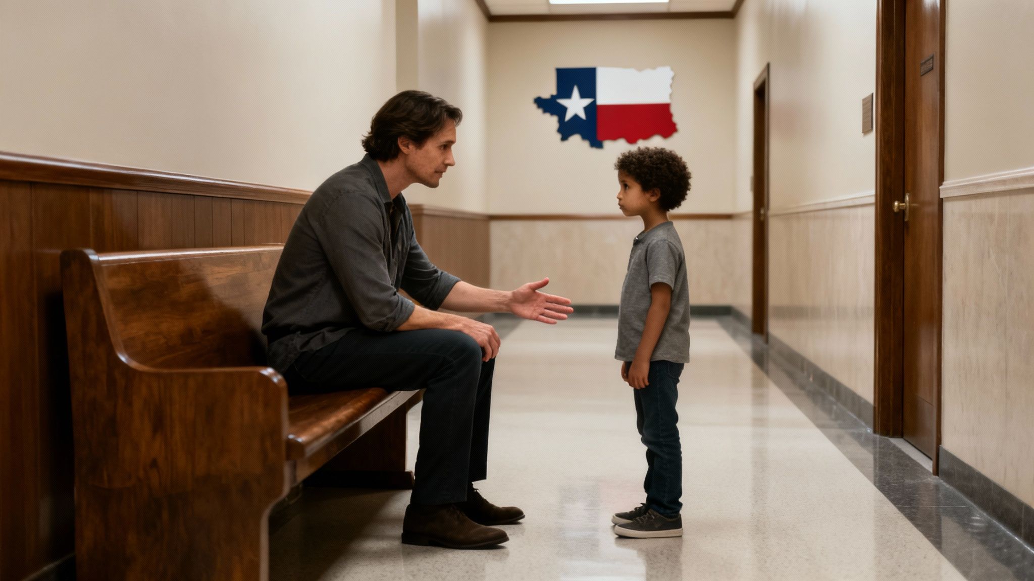A man on a bench extends his hand towards a young boy in a hallway with a Texas map.
