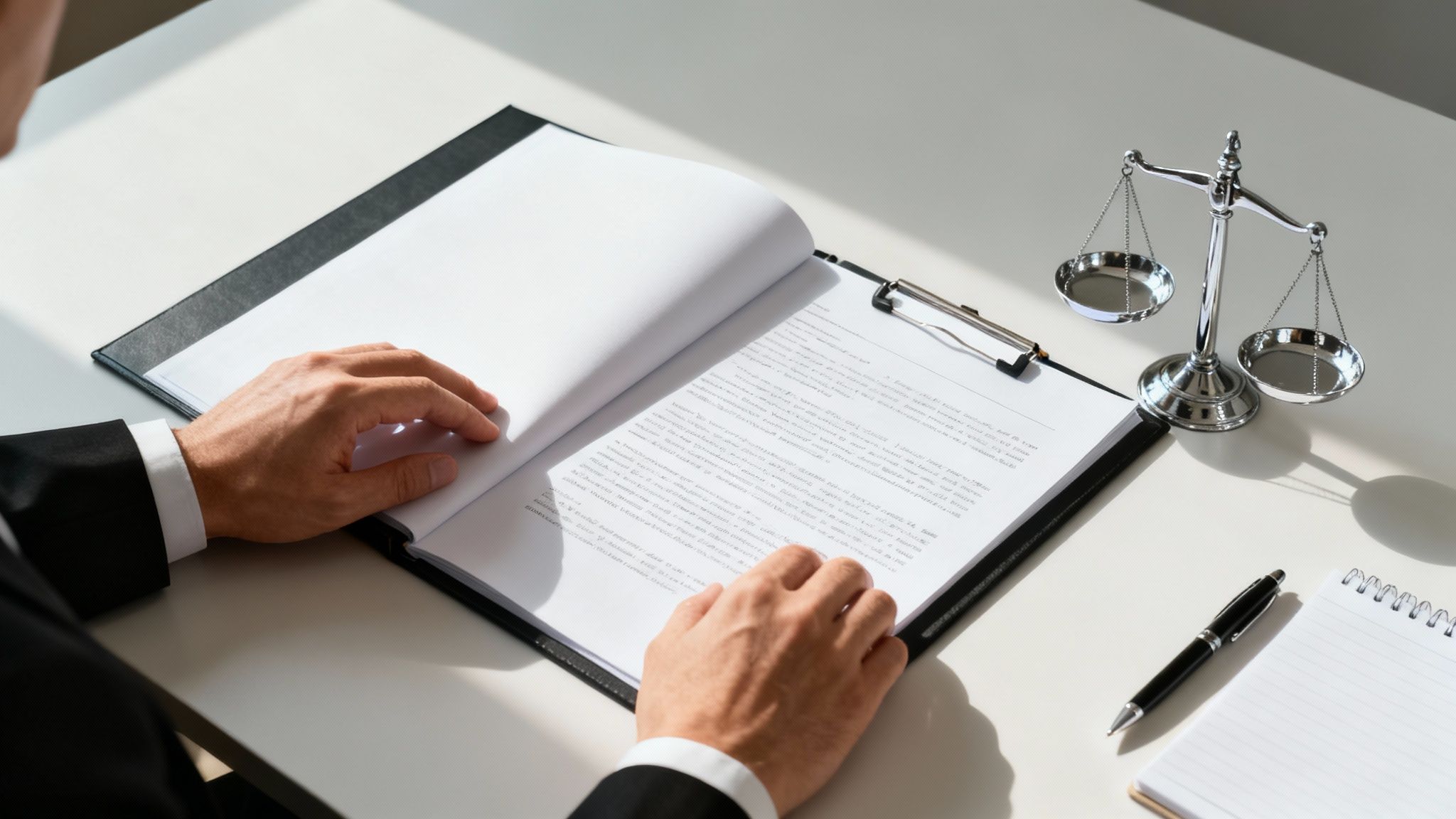 A person in a suit reviews legal documents on a desk with a scale of justice and pen.