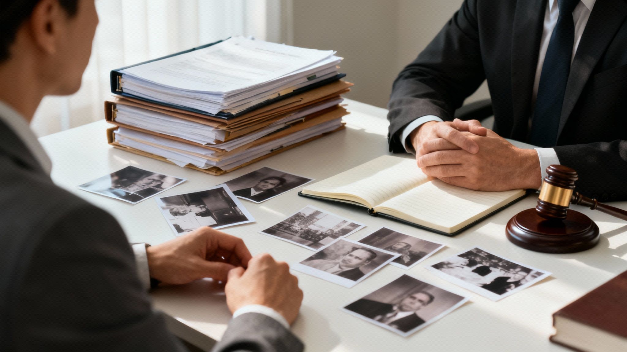 Attorney discussing case strategy with client, reviewing photographs and legal documents on a desk, emphasizing preparation for domestic assault charges in Texas.