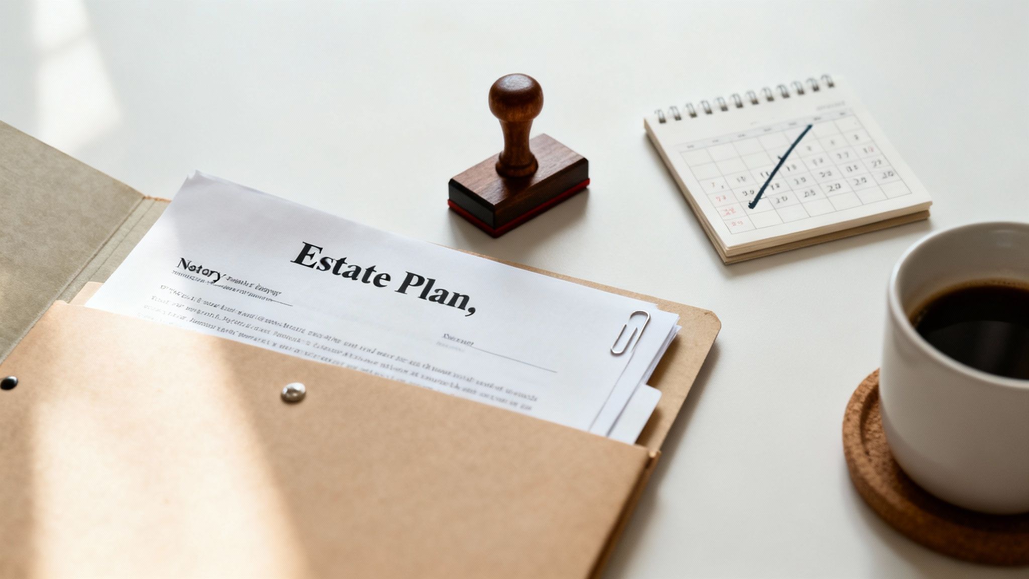 Estate plan documents with a notary stamp, coffee cup, calendar, and folder, illustrating the final steps in trust setup and estate planning.