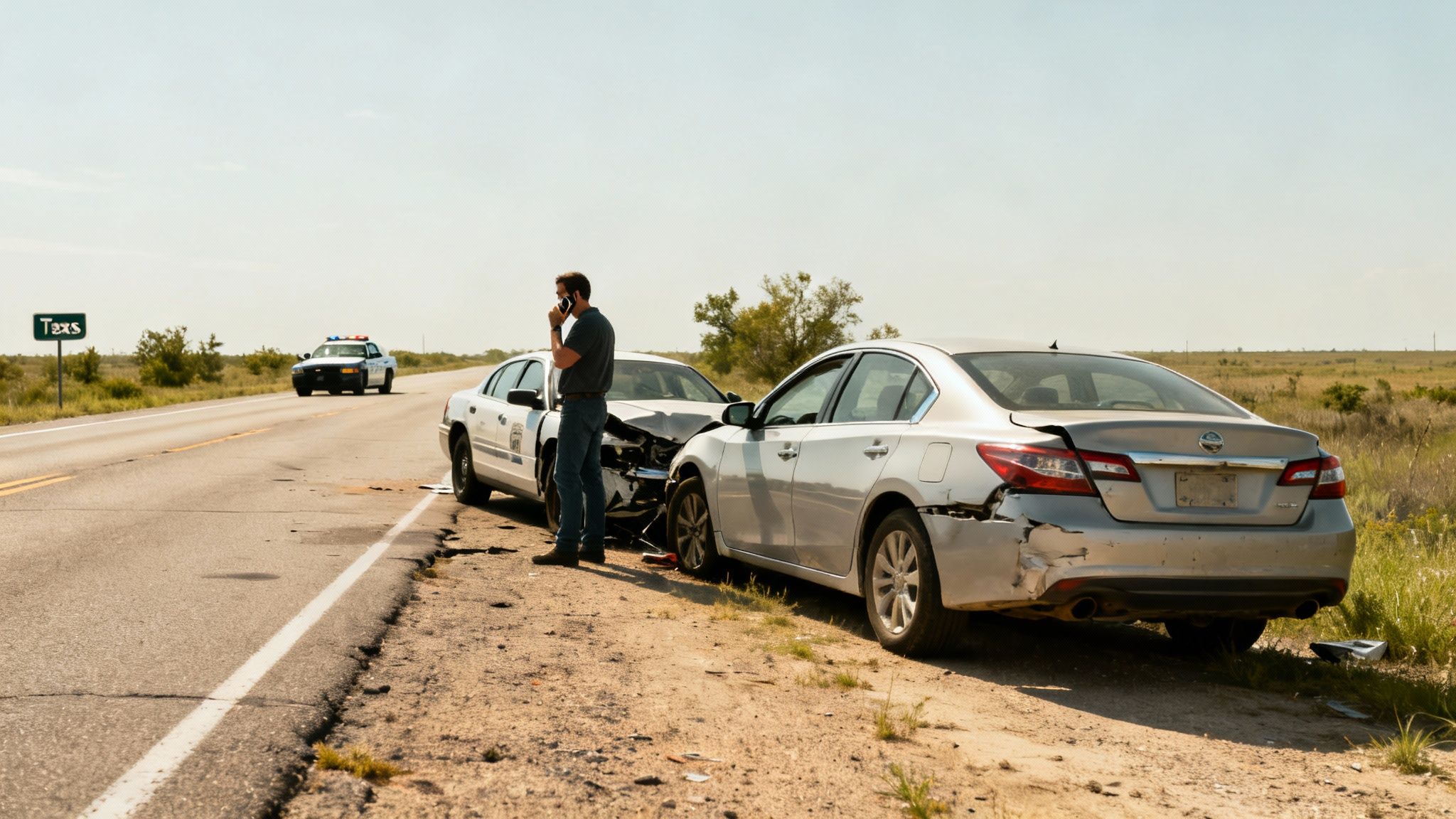 A man on the phone stands between two crashed cars on a rural road, with a police car approaching.